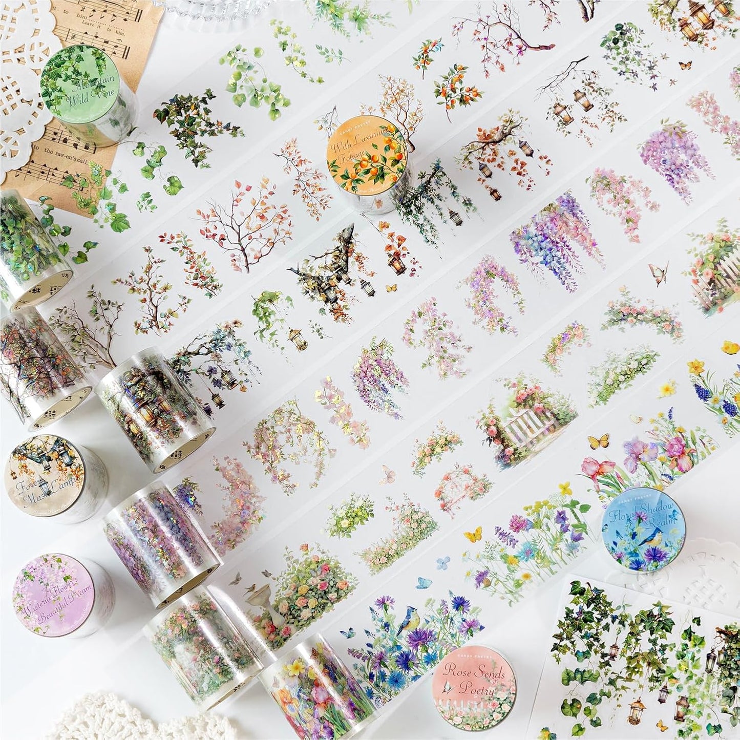 6 Rolls PET Tape Stickers,Plant Washi Tape for Scrapbooking, Pre-Cut Flower Tapes Stickers for Junk Journal,Journaling,Photo Album DIY Craft(Wild Flower)