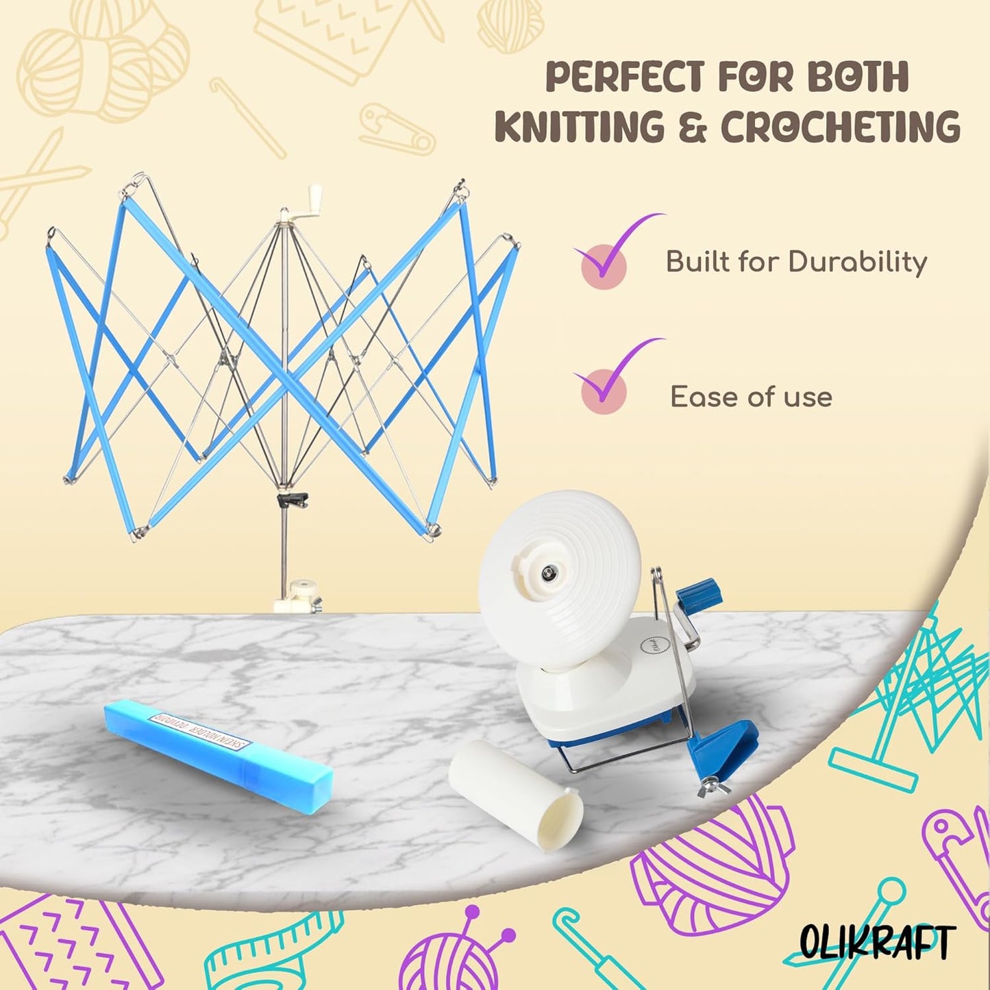 Olikraft Crochet Yarn Winder for Crocheting and Umbrella Swift (with Skein Holder) Combo Set - Yarn Spinner for Crocheting, Cake Ball Winder, Roller, Baller, Spooler