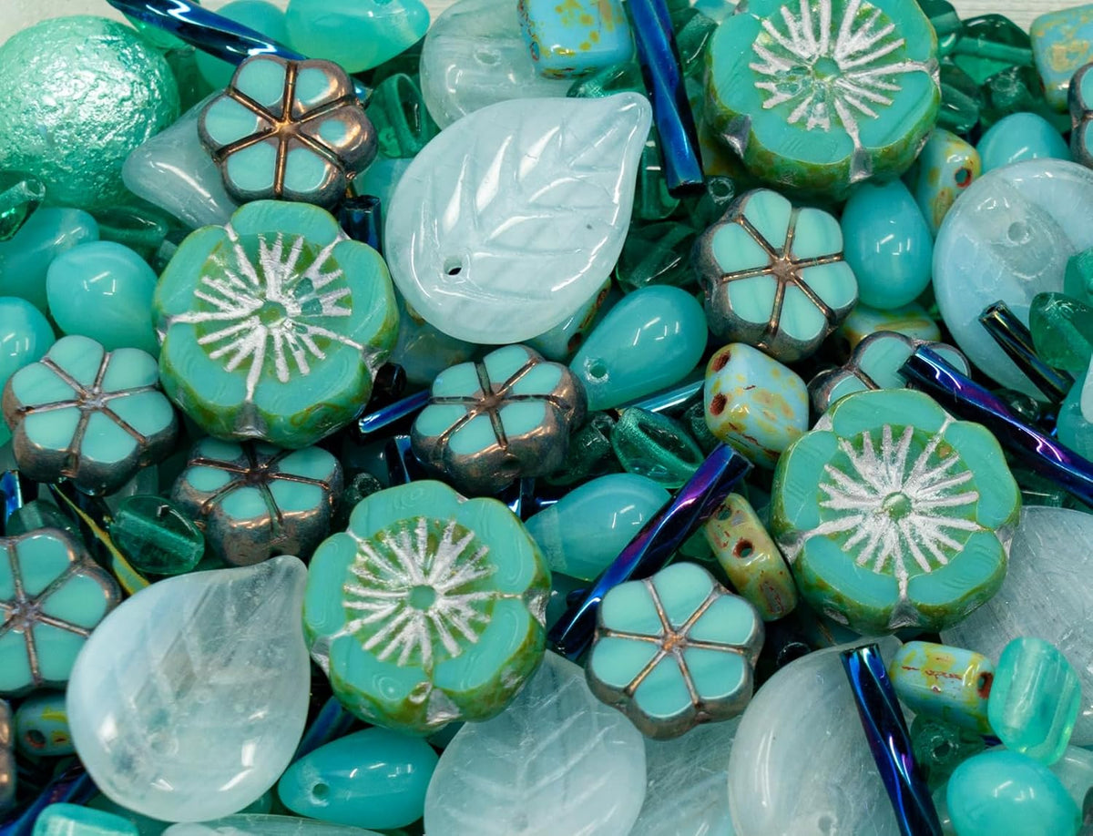 2.1oz (60 g) Mix of Unique Czech Bohemia Glass Pressed Beads, Rocailles, Opaque Turquoise Green Copper Crystal Silver, Matte and Glossy, Hand Made BCV