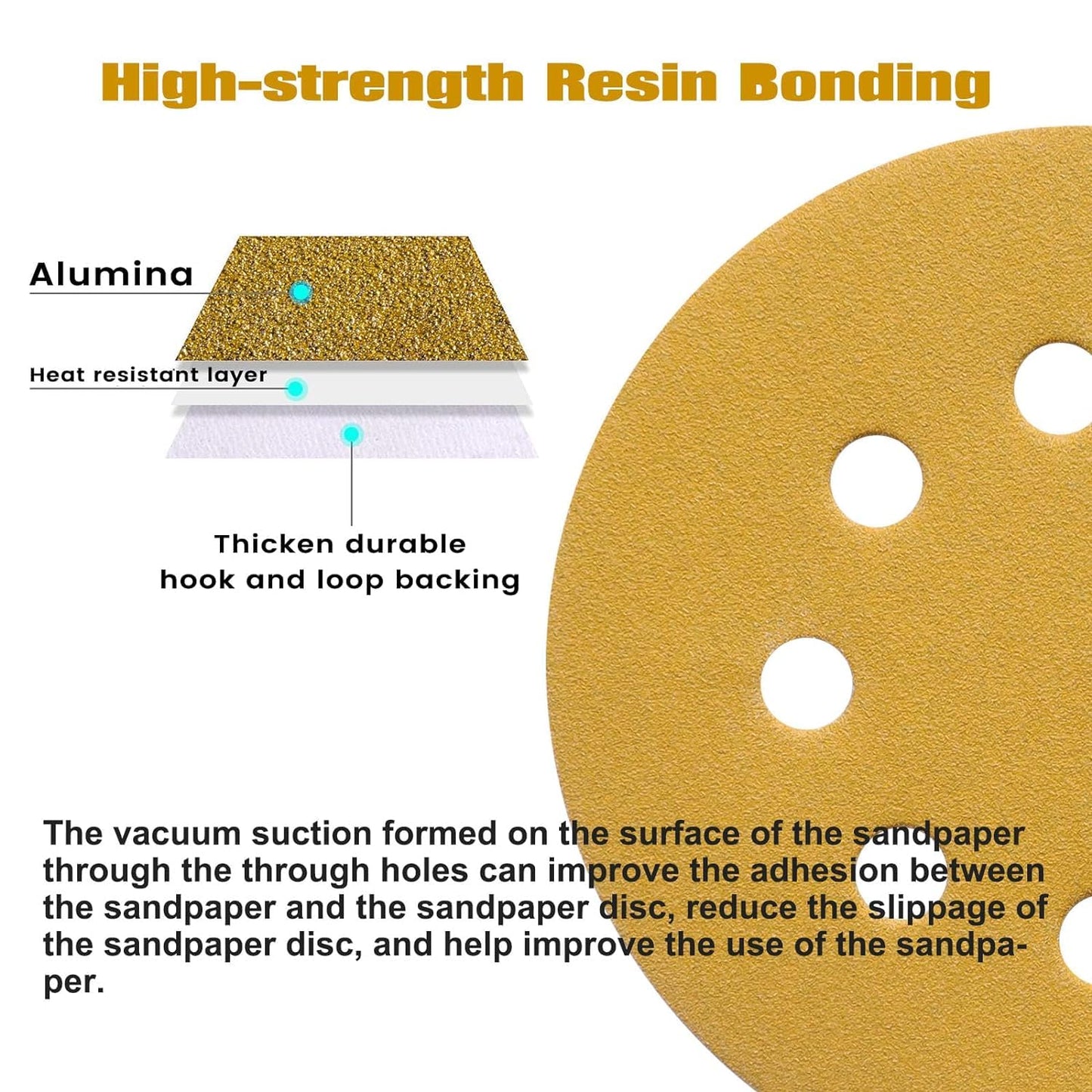 100PCS 5 Inch 8 Hole Sanding Discs 220 Grit,Gold Round Hook and Loop Sandpaper for Random Orbital Sander
