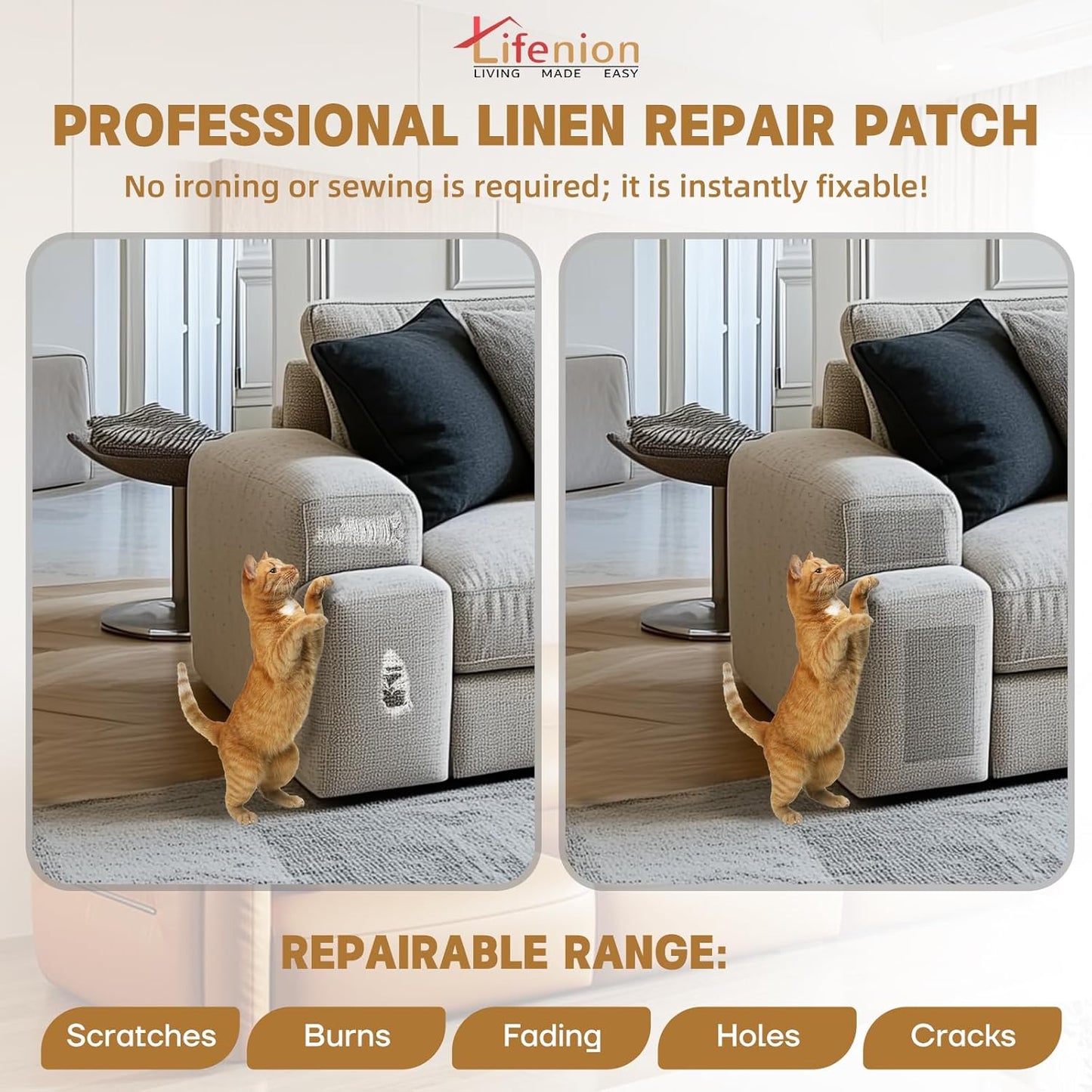 Fabric Repair Patches, Linen Self-Adhesive Fabric Repair Tape, Strong Sticky Linen Patch for Sofas, Tote Bags, Clothing, Car Seats, Furniture（Beige, 3.5X79 inch）