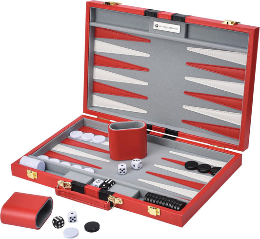 Get The Games Out Top Backgammon Set - Classic Board Game Case - Best Strategy & Tip Guide - Available in Small, Medium and Large Sizes (Red, Medium)