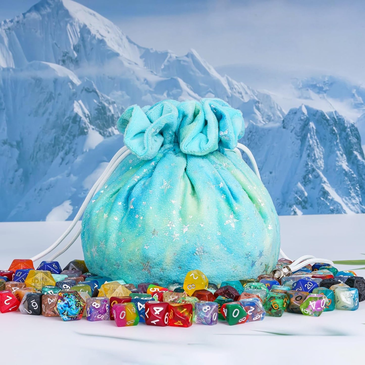 DND Dice Bags Large with Pockets Cyan Storage Bag Star Pattern for D&D RPG Game - Capacity 200+ Polyhedral Die