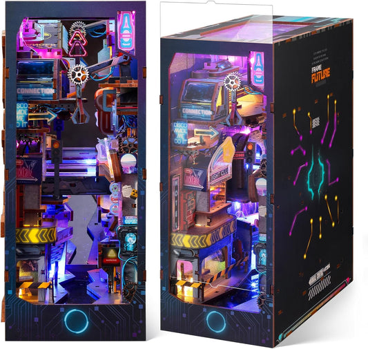 3D Wood Puzzle Book Nook Kit, Futuristic Miniature Bookshelf Insert with LED Lights, DIY Cyberpunk Bookend Décor for Display, Unique Craft for Adults and Teens (Endless Dimensions)