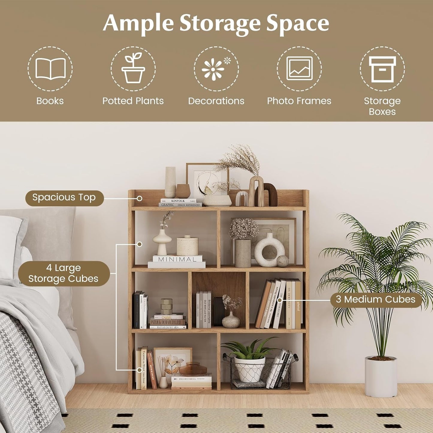 Giantex 7 Cubes Bookshelf, Free-Standing Wooden Bookcase, 4 Tier Home Display Shelf, Horizontal Storage Unit w/Anti-Toppling Devices, Open-Back Display Rack for Study, Living Room (1, Natural)