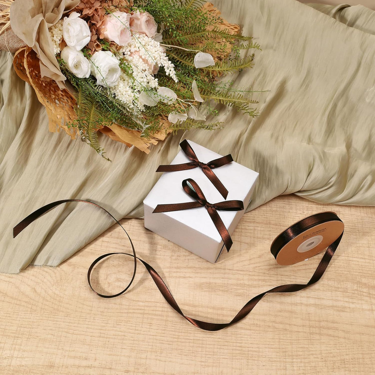 LaRibbons Brown Satin Ribbon 3/8 Inch 50 Yards Thin Luxury Double Faced Firar Brown Silk Ribbon for Flower Bouquet Crafts Gift Wrapping Wedding Christmas Decoration