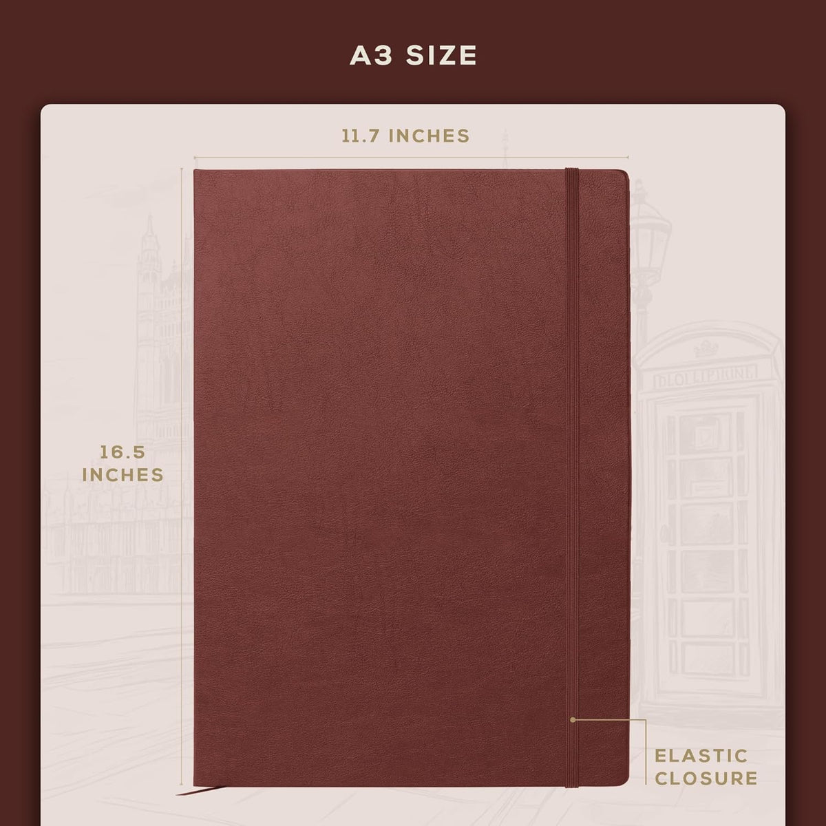 Beechmore Books A3 Sketchbook – 11.7x16.5 Premium Vegan Leather Bound Large Sketch Book Hardcover with 160 Thick 160gsm Perforated Ivory Pages, Blank Sketch Pad Gift Boxed Back Pocket Ribbon Bookmark