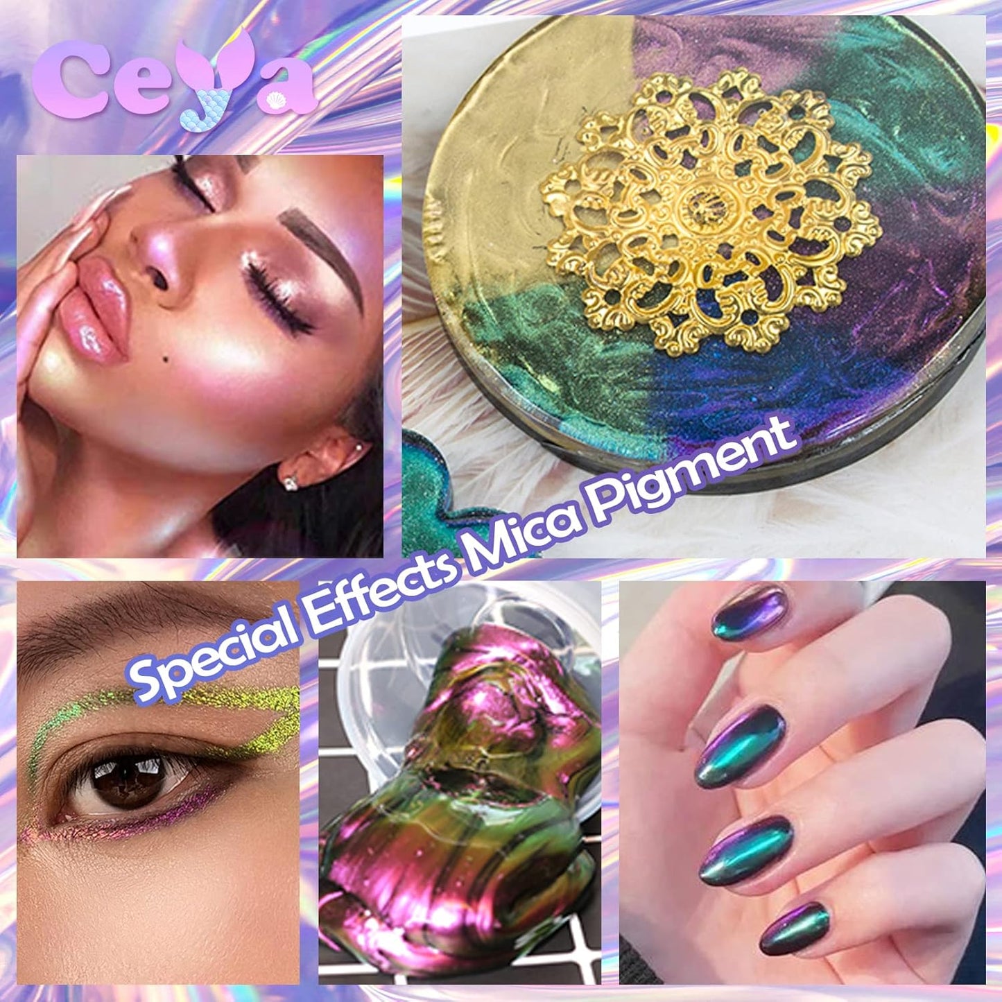 Ceya Chameleon Mica Powder, 1.8oz/ 50g Aurora Forest Chrome Nail Powder, Cosmetic Grade Pearlescent Effect Color Shift Pigment for Epoxy Resin, Makeup, Nail Polish, Soap Dye, Candle Making,Craft,Slime