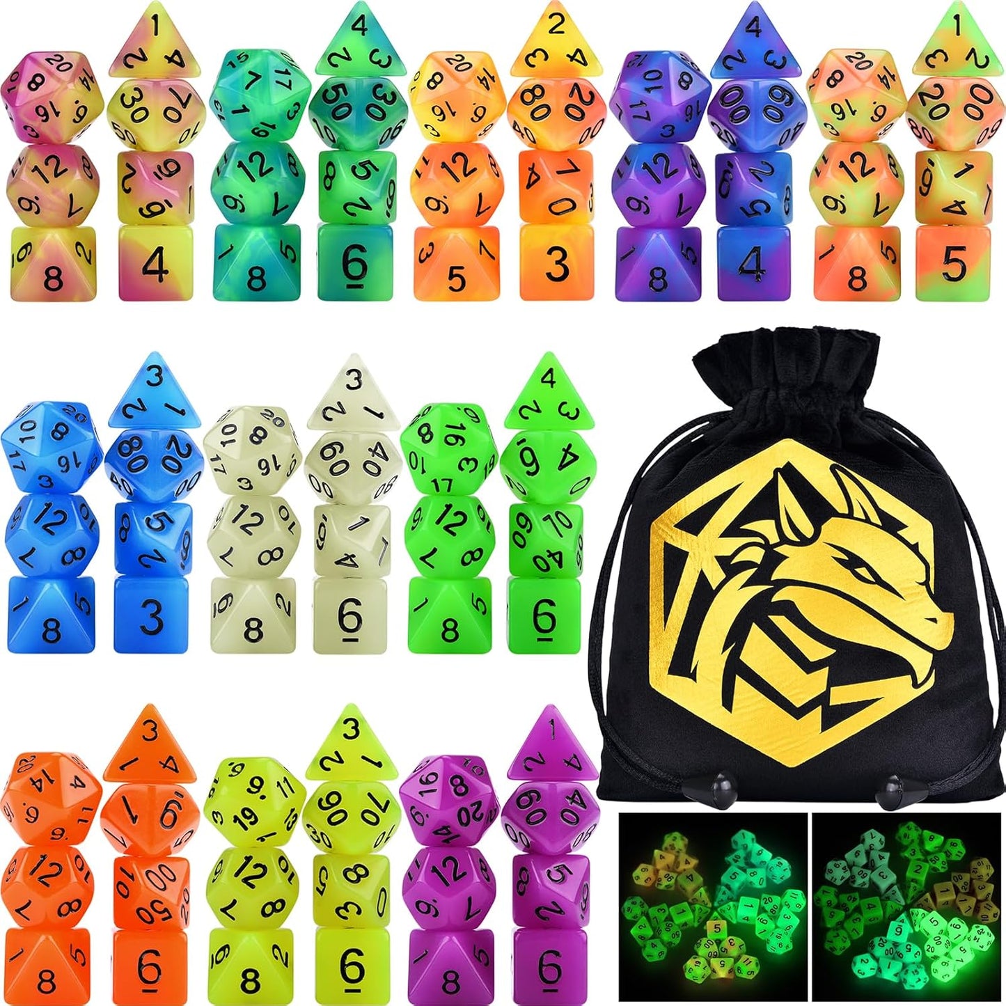 Glow in The Dark DND Dice Set 11 x 7 Polyhedral Dice (77pcs) for Dungeons and Dragons Tabletop Role-Playing Games, with a Drawstring Bag