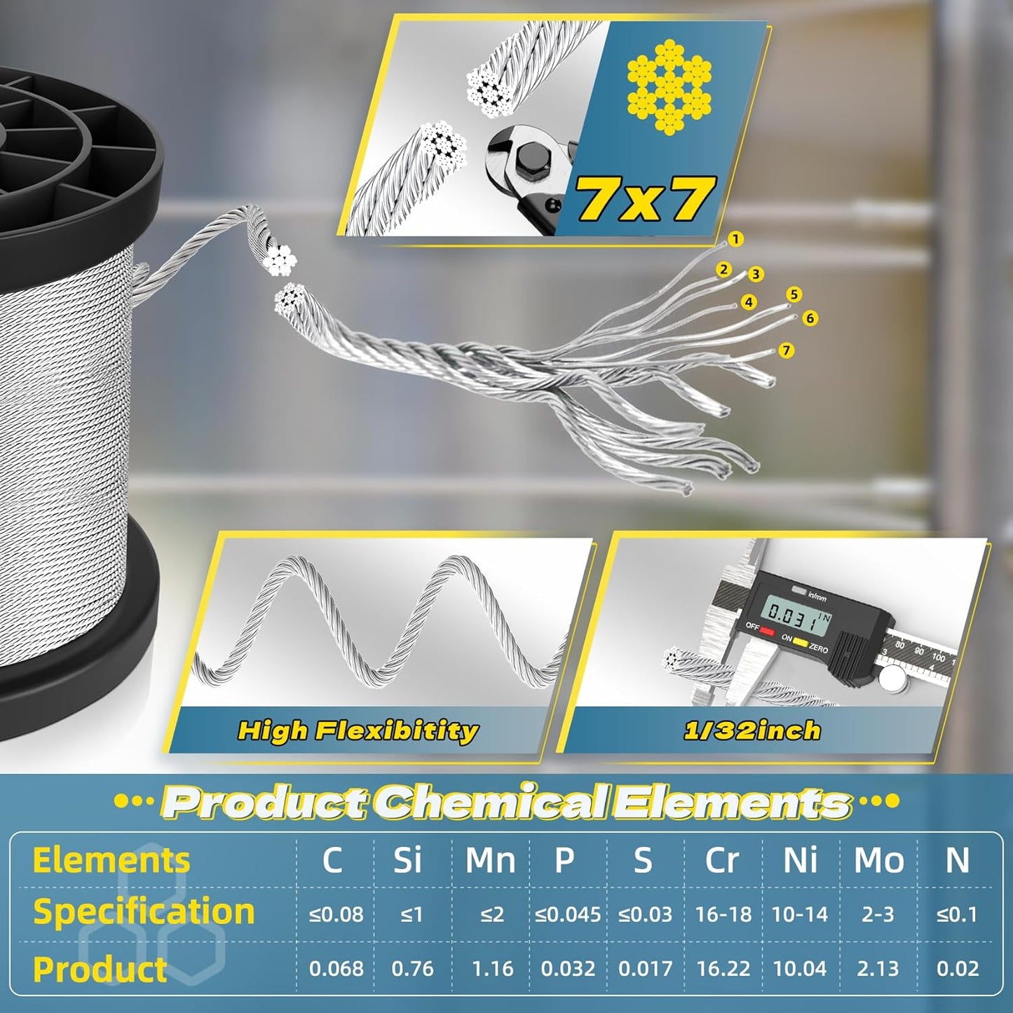 316 Stainless Steel Cable, 1000FT 1/32IN Wire Rope with 250Pcs Aluminum Sleeves Stops, for String Lights Hanging, Clotheslines, Trellis Wire