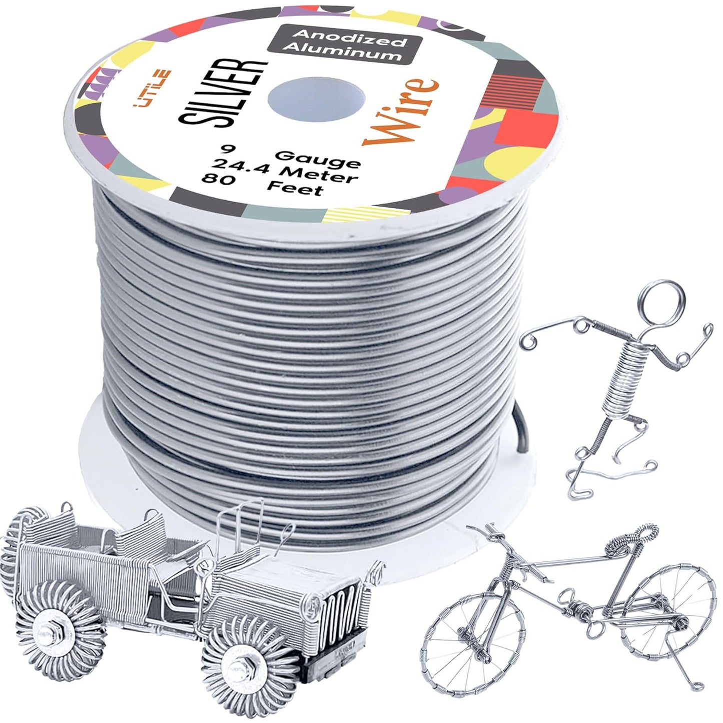 UTILE Armature Aluminum Wire 80 ft 9 Gauge 3.7 mm Anodized Craft Bendable Wire – Sculpting Metal Silver for Bonsai Trees, Clay, Crafts, Plants, Gardening, Beading and Jewelry Making (Silver)