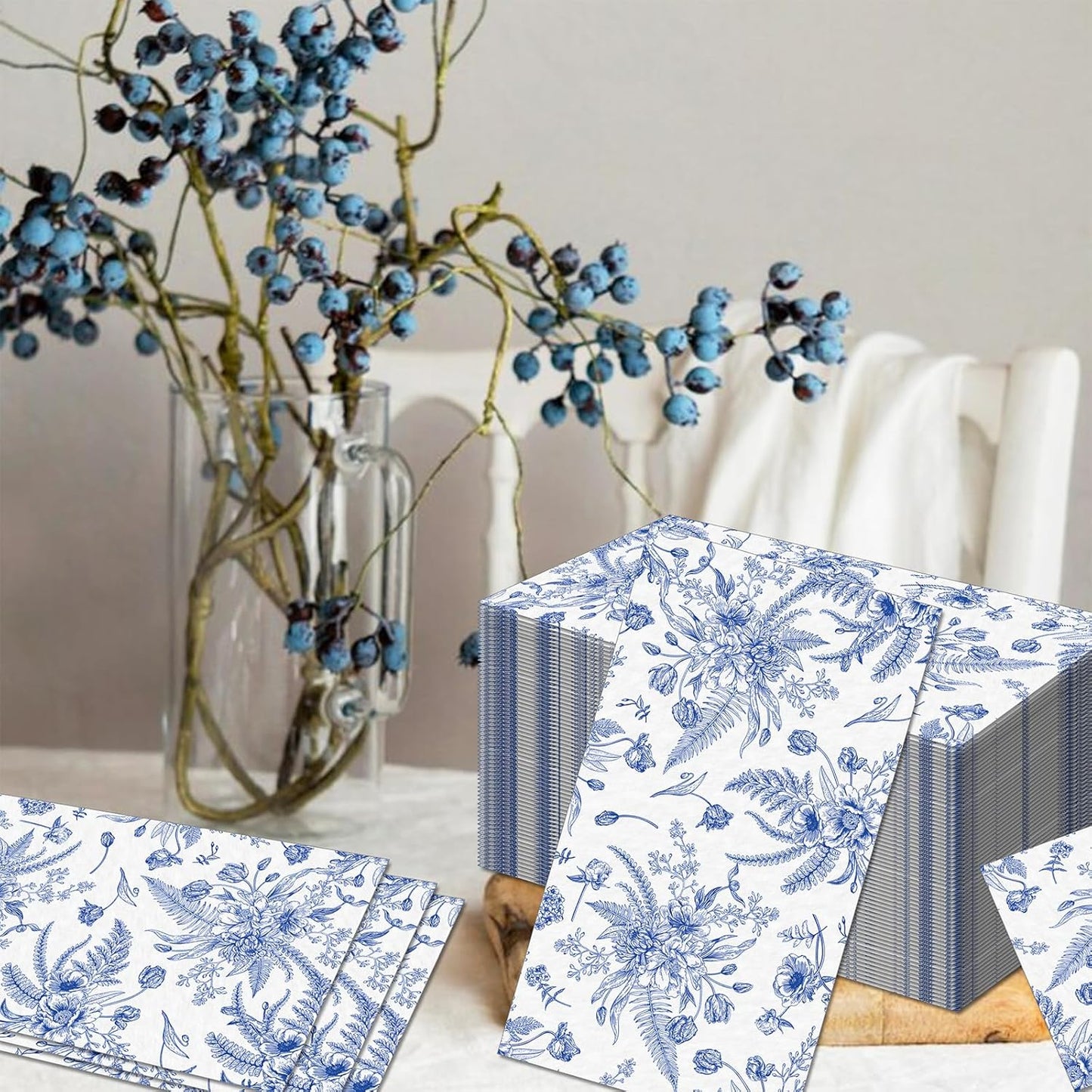 60 Pack 3 Styles Blue Floral Napkins for Decoupage Toile Napkins Flower Cocktail Decorative Paper for Birthday Party Beautiful Gorgeous, 12.9 * 15.7 inch