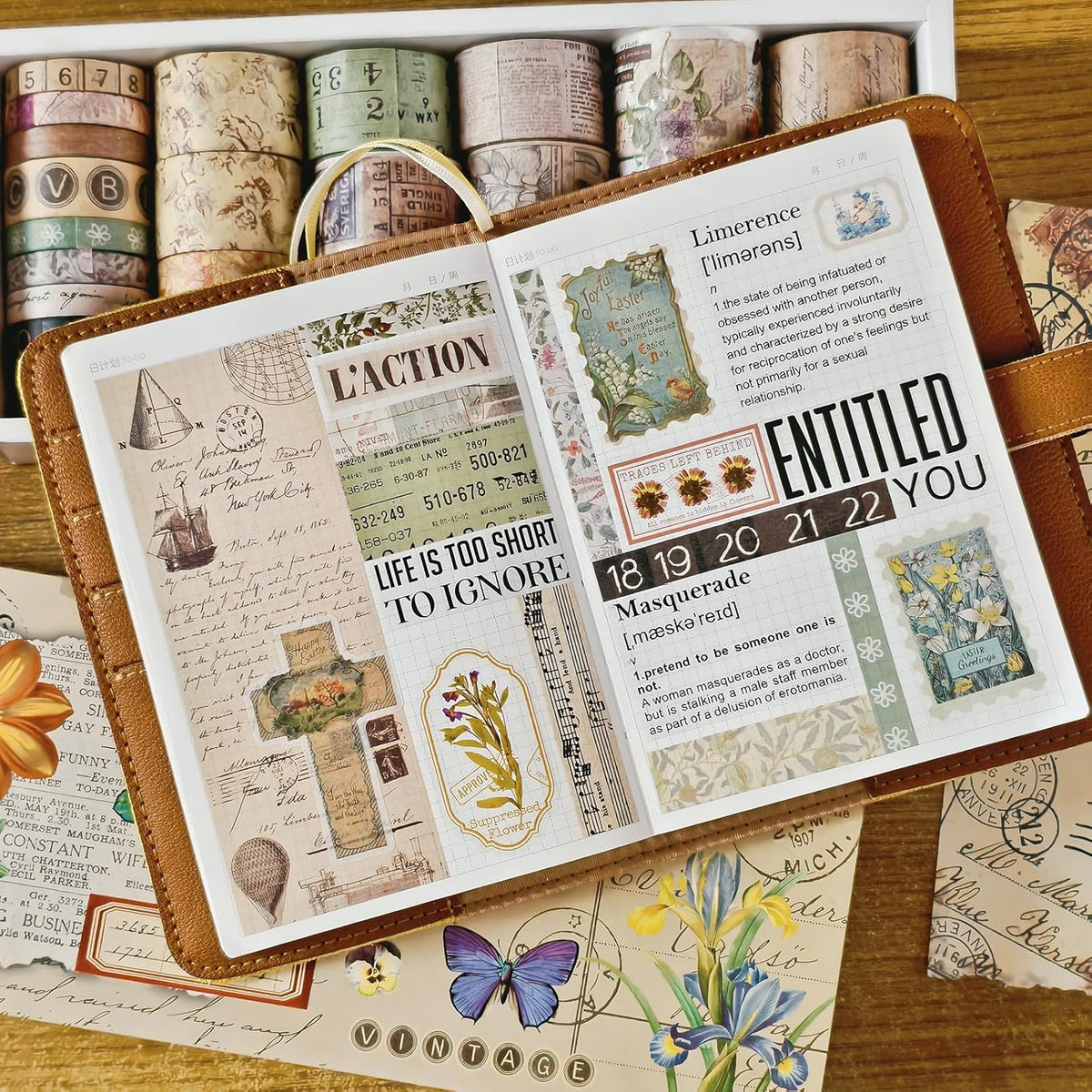 32 Rolls Vintage Washi Tape, Aesthetic Colored Decorative Cute Scrapbook Tape for Scrapbooking Supplies Journaling Craft Junk Journal