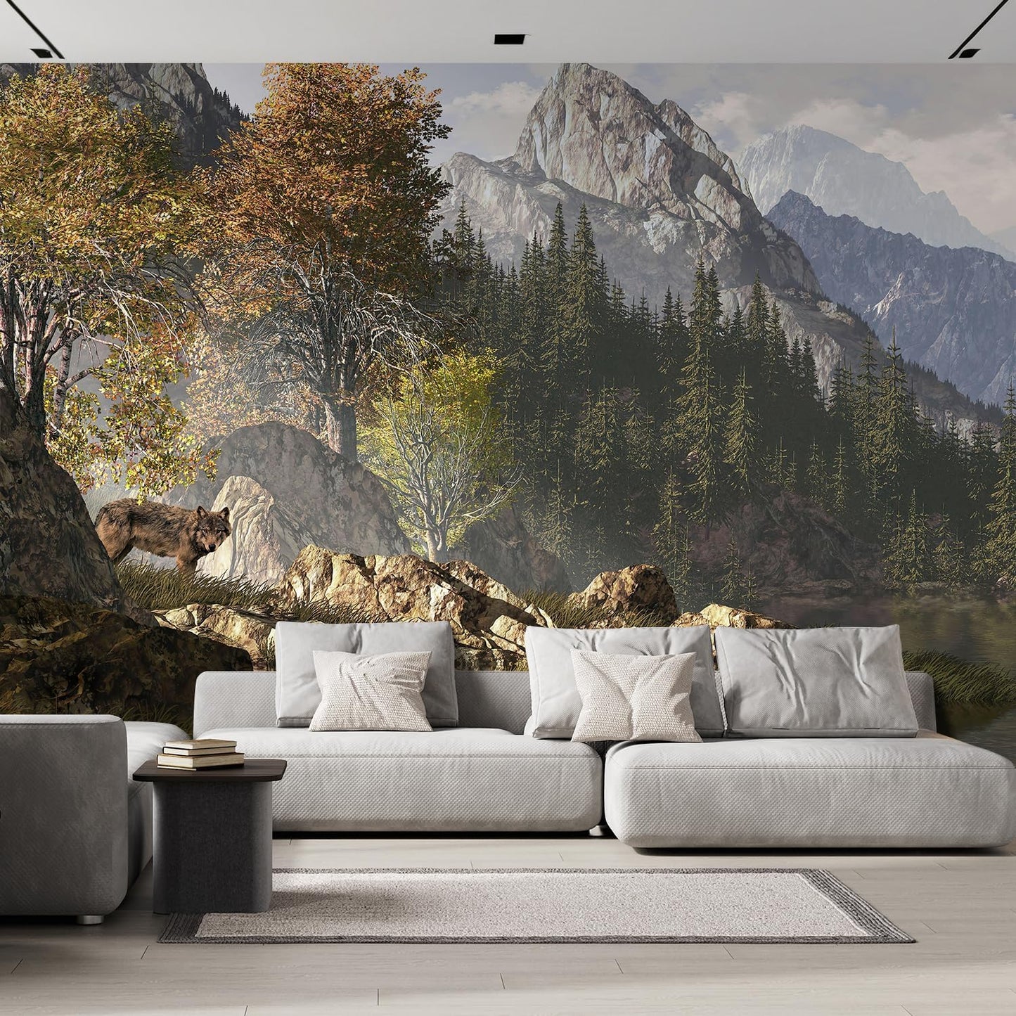 wall26 Wolf Near a Lake in a Rocky Mountain Landscape. Removable Wall Mural | Self-Adhesive Large Wallpaper - 120x192 inches