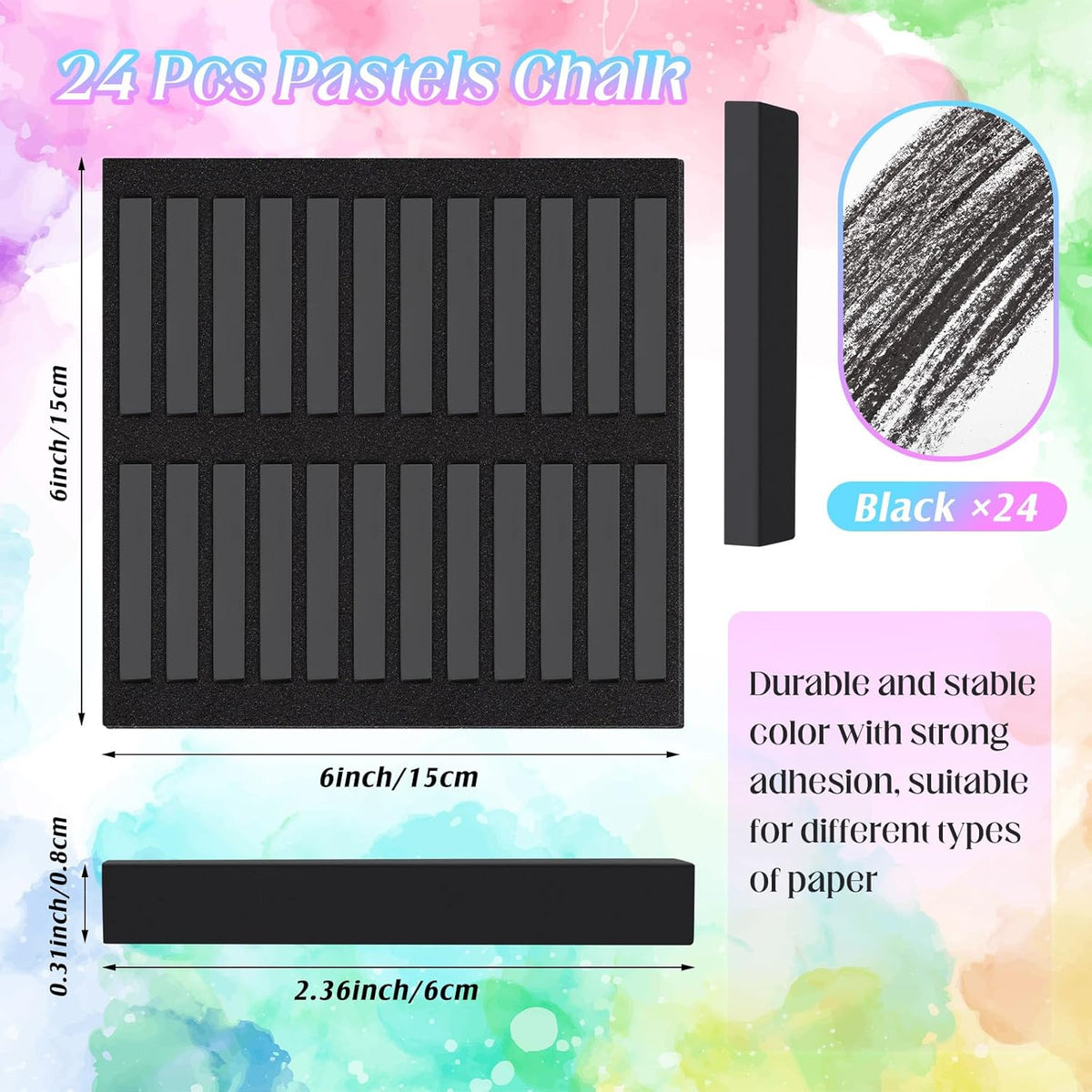 24 Pcs Soft Pastel Drawing Chalk Set Square Sketch Chalk Non-toxic Artist Pastel Sticks for Professional Artists Students and Art Lovers (Black)