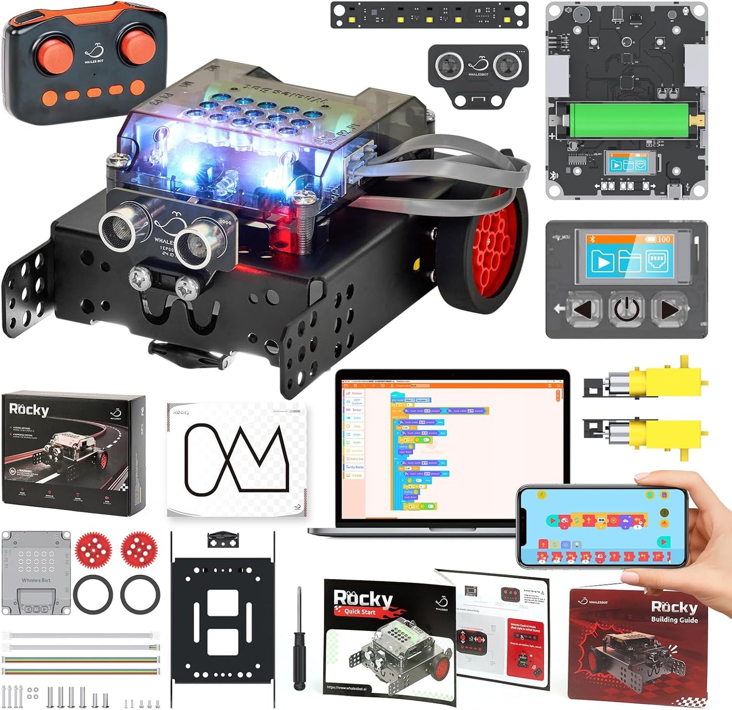 WhalesBot Rocky Smart Robot Car Coding & Remote Control Kit for Kids 8-16, STEM, Modular/Scratch/Python/C Programming, Educational Engineering Science Toy Set