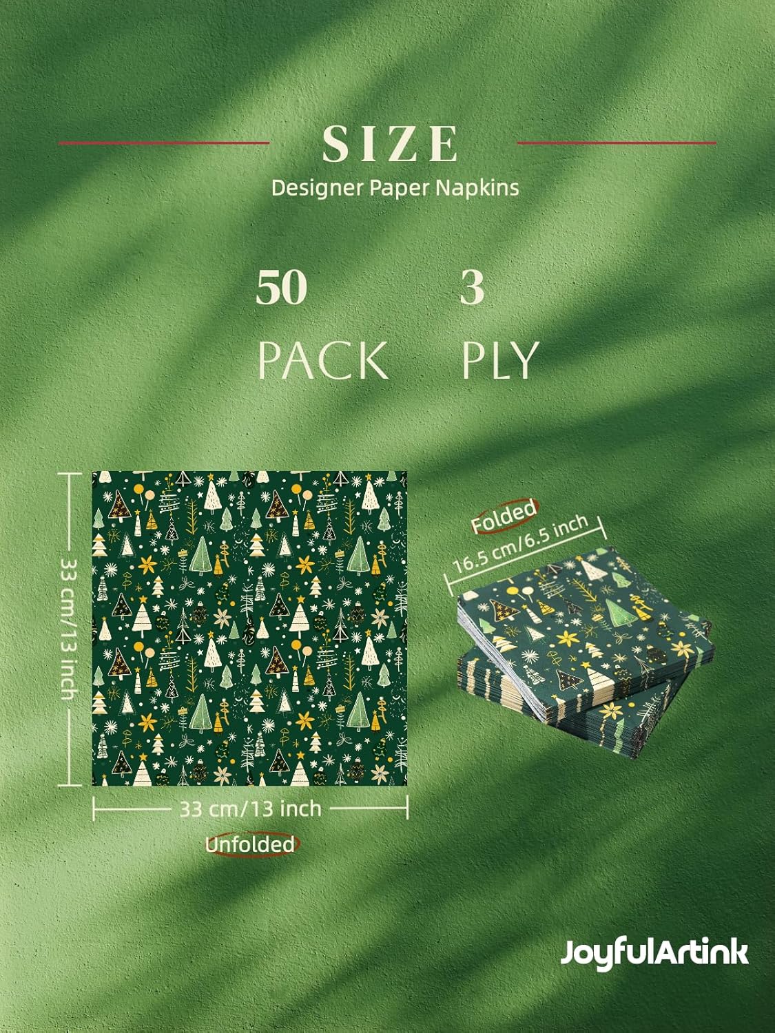 Premium Designer Paper Napkins, 3-Ply 6.5 x 6.5-inches Fold Disposable Decorative Winter Guest Christmas Holly Green Festive New Year Tree Party Lunch Dinner Napkin (50, Festive Green)