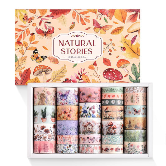 27 Rolls Vintage Washi Tape Set, Floral Butterfly Forest Mushroom Botanical Flower Writable Decorative Tapes for Scrapbooking, Junk Journal Supplies, Bullet Journaling 9.84ft Long/Roll