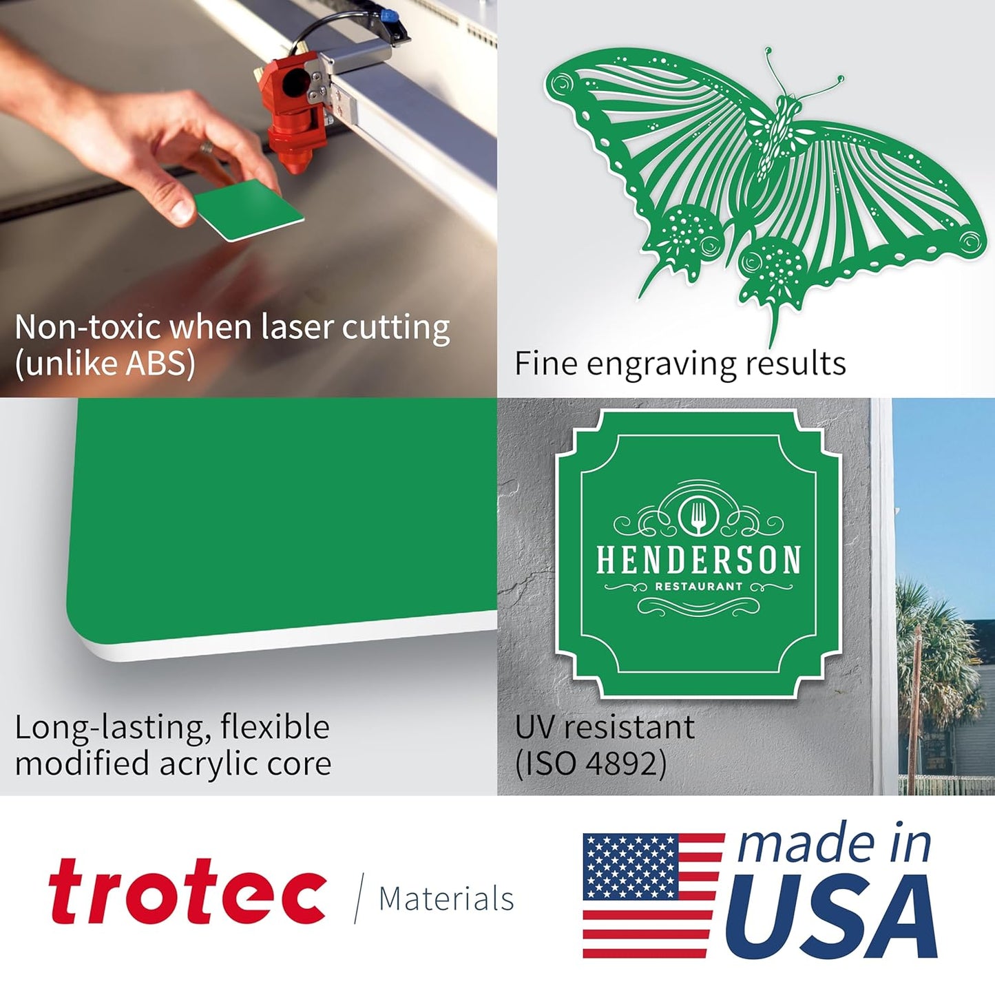 Trotec TroLase | 12"x24"x1/8", 4 Pcs | Bright Green/White | 2 Ply | Modified Acrylic | Laser Engraving Double Color Plastic Sheet | Engraving Blanks for Laser, Saw, Guillotine | Made in USA