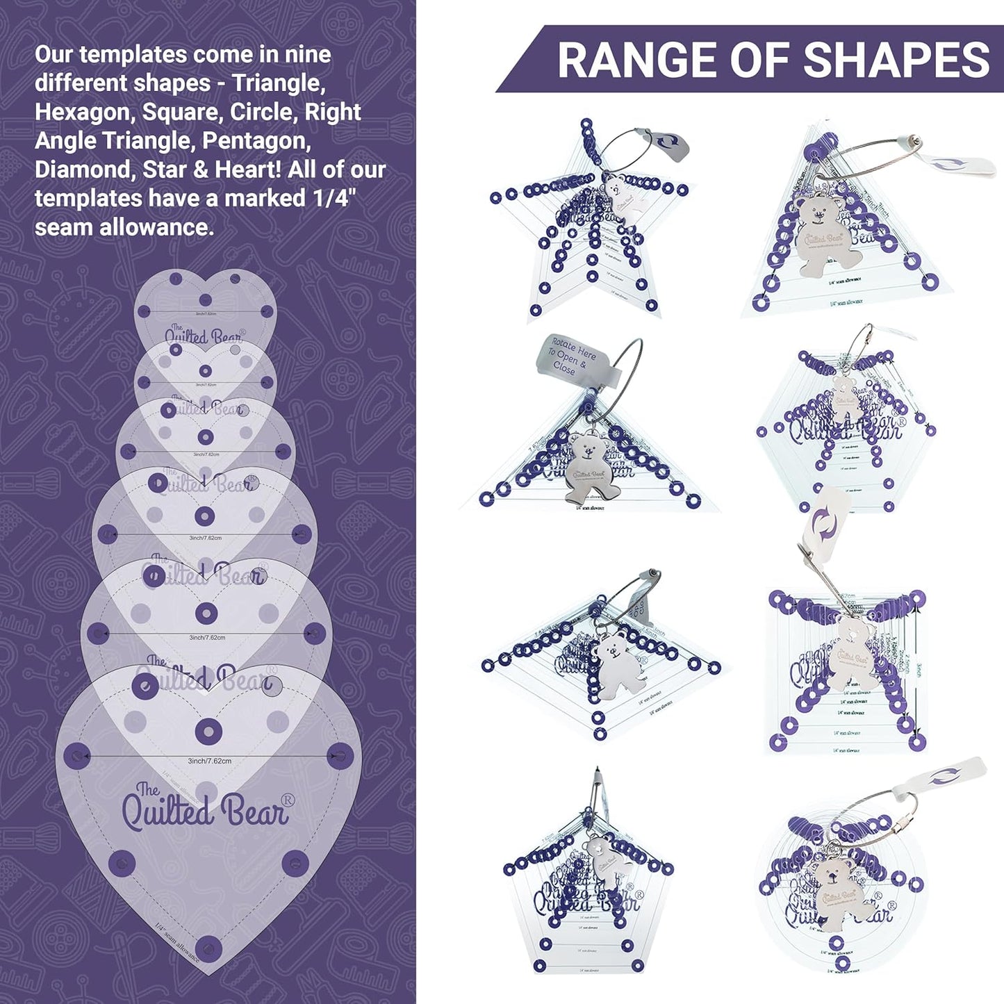 The Quilted Bear Circle Quilting Templates – 8 Clear Non-Slip Acrylic Quilt Templates for Precise Fabric Cutting & Stress-Free Machine Quilting - Ideal for Quilt & Sewing Supplies (¾–3")
