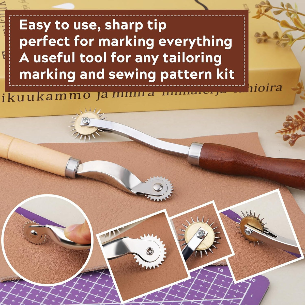 4PCS Tracing Wheel, Professional Stitch Marking Spacer, Wood and Stainless Steel Pounce Wheel for Sewing Patterns with Wooden Handle and Plastic Handle for Tracing Paper and Leather Crafts