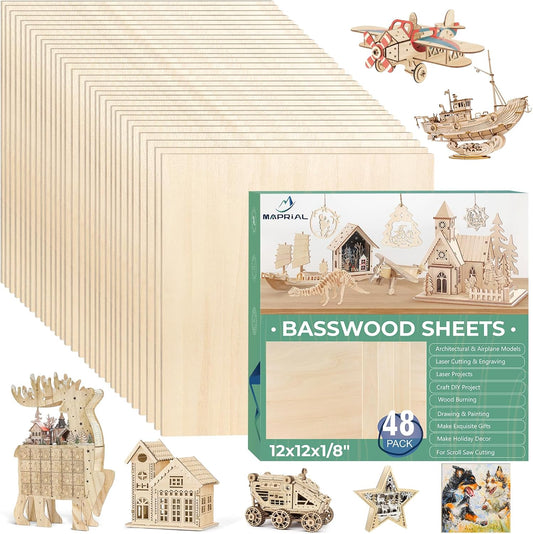 48 Pack 12x12x1/8 Inch Basswood Sheets, MAPRIAL Smooth 3mm Plywood for Laser Cutting, Unfinished Wood Board for Engraving, Wood Burning, Painting, Crafts, Ornaments, Models, Engraver, Halloween