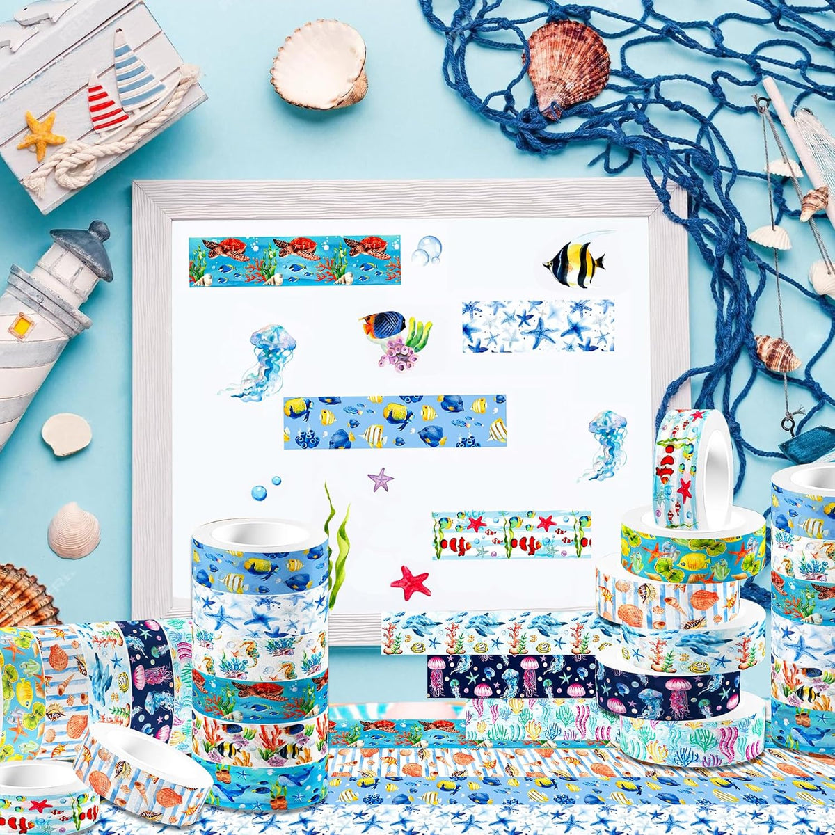 12 Rolls Blue Ocean Washi Tape, Underwater World Masking Tapes, Sea Animal Cartoon Decorative Tape for Arts, DIY Crafts, Journals, Planners, Scrapbook, Wrapping 16.4FT