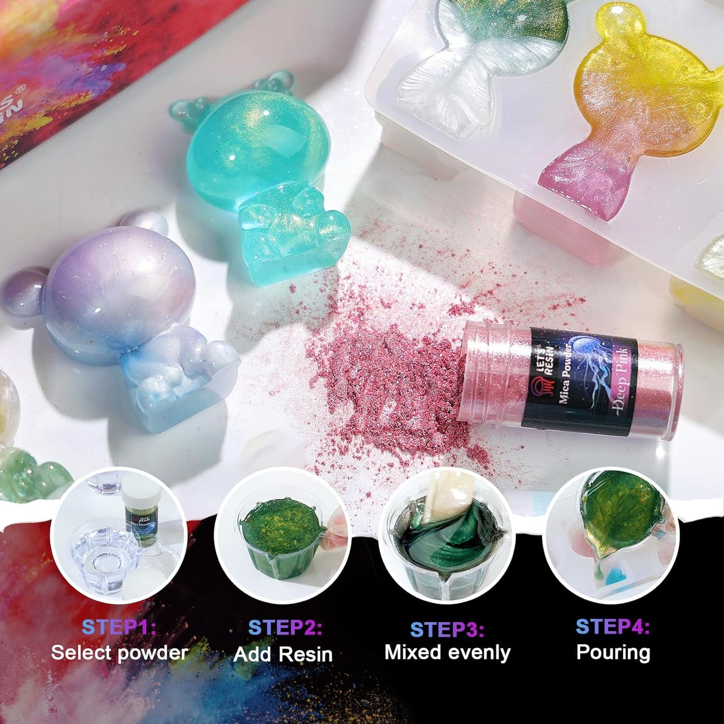 LET'S RESIN 60 Colors Mica Powder,Natural Pearlescent Pigment Powder for Epoxy Resin/UV Resin for Candle Making, Color Pigment Dye, Painting, Bath Bombs, Art Crafts