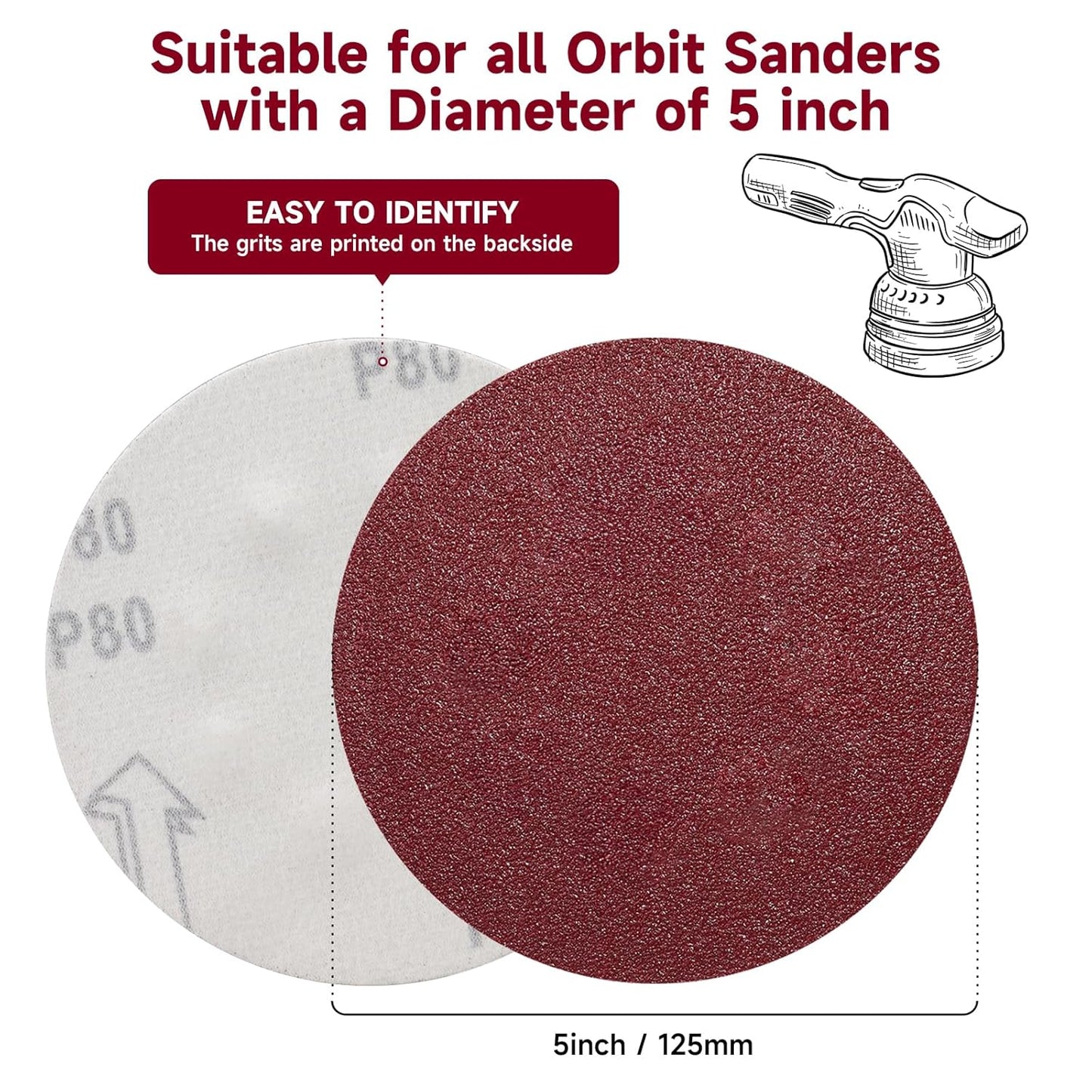 5 Inch 100 PCS Sanding Disc 80 Grit,Hook and Loop Sanding Discs for Random Orbital Sander