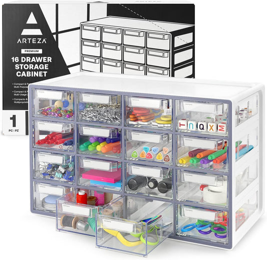 ARTEZA 16 Drawer Storage Cabinet, 17.7 x 8.2 x 10.9 inches, White, Plastic Drawers? with Stoppers, ?Multi Compartment Organizer for Makeup and Art Supplies