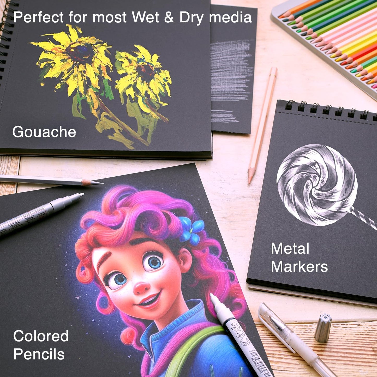 ARTISTIC EYE 9x12 Premium Black Paper Pads, Spiral Bound Sketchbook, Pack of 2, 70 Sheets (150g/m2), Acid-Free Drawing Paper, Ideal for Kids, Teens & Adults