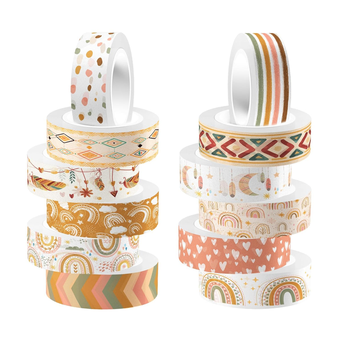 12 Rolls Washi Tape Set, Retro Boho Vintage Colored Rainbow Sun Stars Masking Tapes, Doodle Hand-Drawn Decorative Adhesive Tapes for Planners, Scrapbook, Journal, DIY Art Crafts, Gift Wrapping 16.4Ft