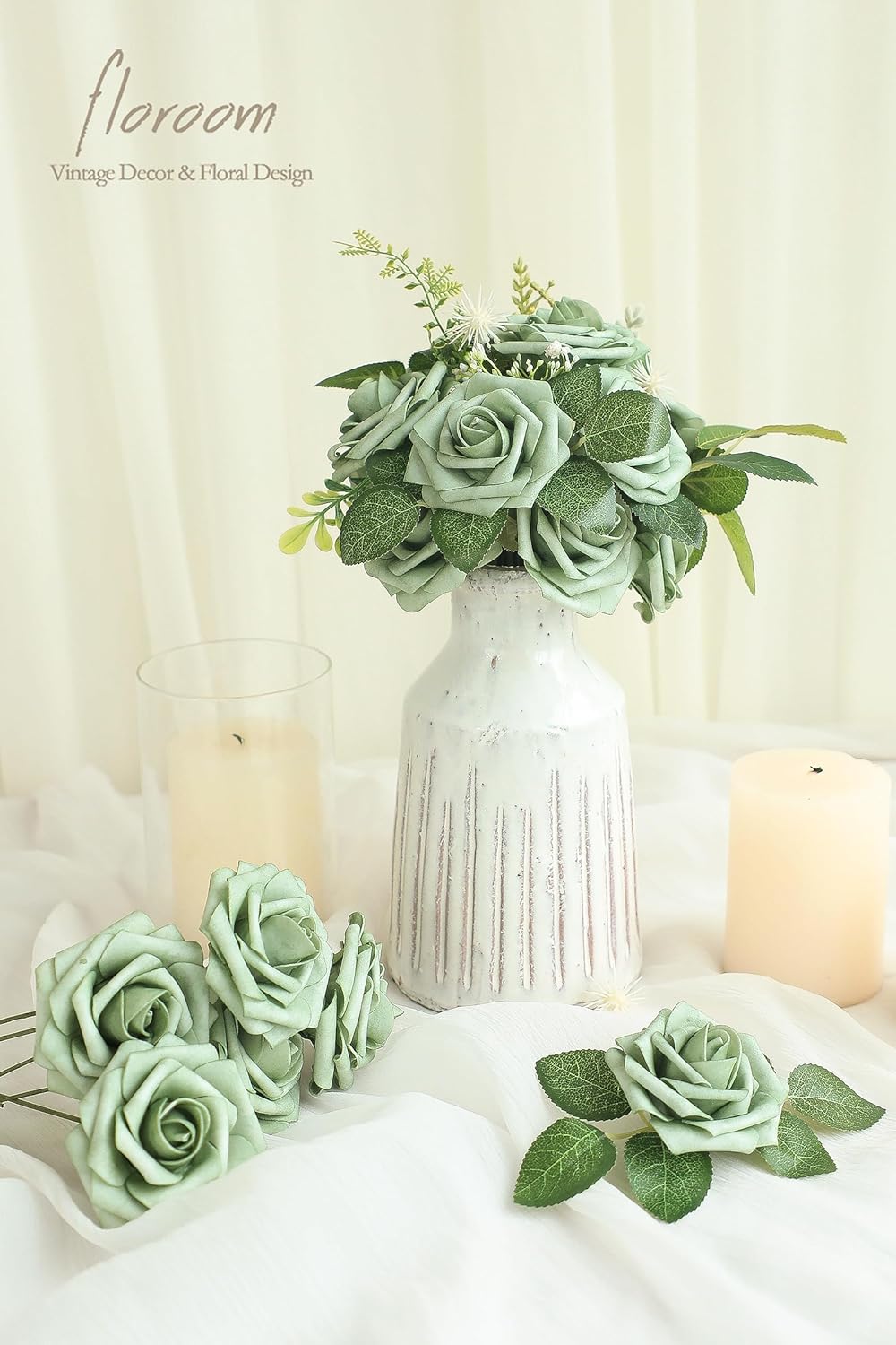 Floroom Artificial Flowers 50pcs Real Looking Elf Green Foam Fake Roses with Stems for DIY Wedding Bouquets Bridal Shower Centerpieces Sage Green Floral Arrangements Home Decorations