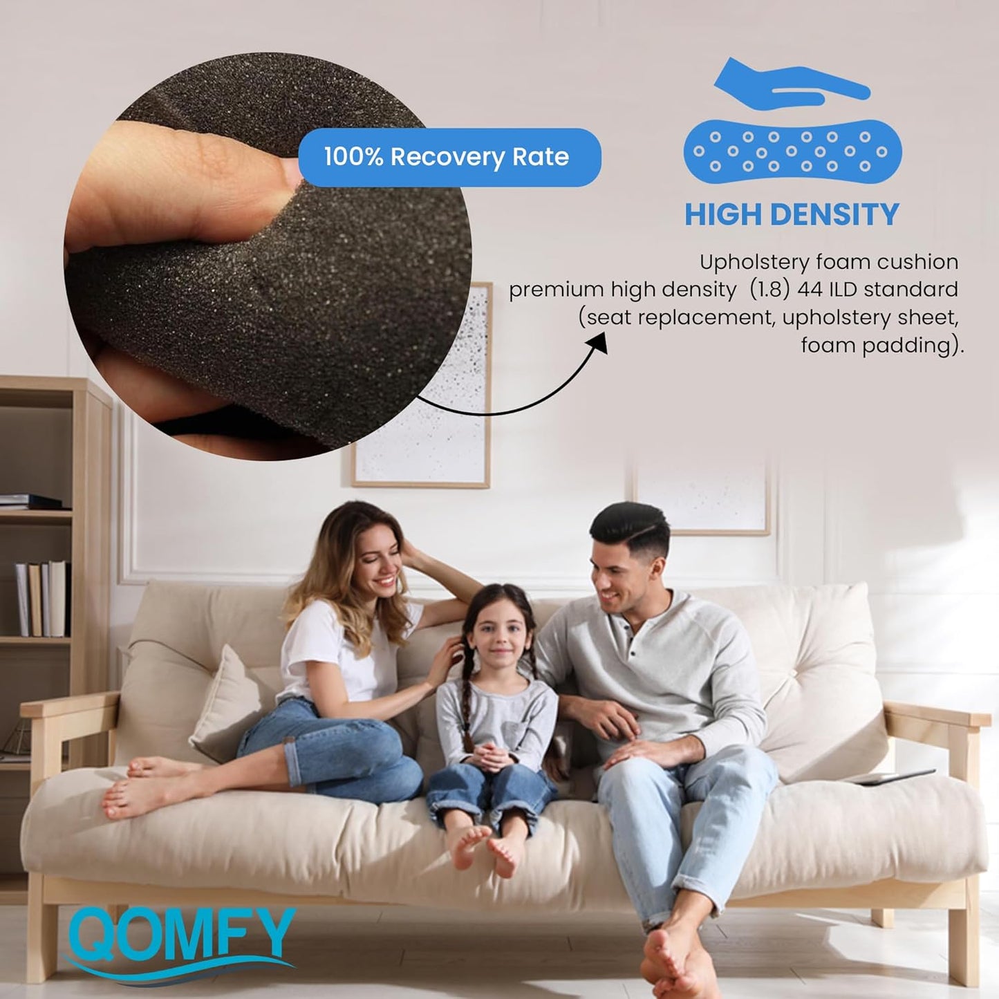 QOMFY 2" Height x 12" Width x 48" Length Charcoal Upholstery Foam Sheet | Made in USA | Multi-Purpose Foam for Upholstery, DIY, Packaging & Acoustic Projects