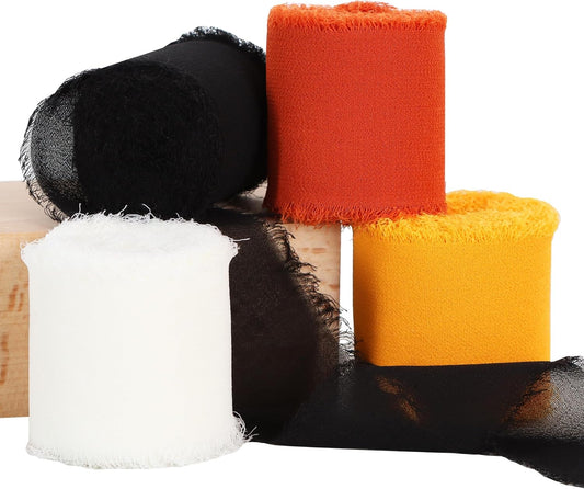 TONIFUL 4 Rolls Black & Orange Chiffon Ribbon 1 1/2 inch× 5.5 Yards Ribbon Fabric Silk Ribbon for Gift Wrapping Wedding Party Decoration Flower Bouquet Wrapping Bows Making DIY Crafts