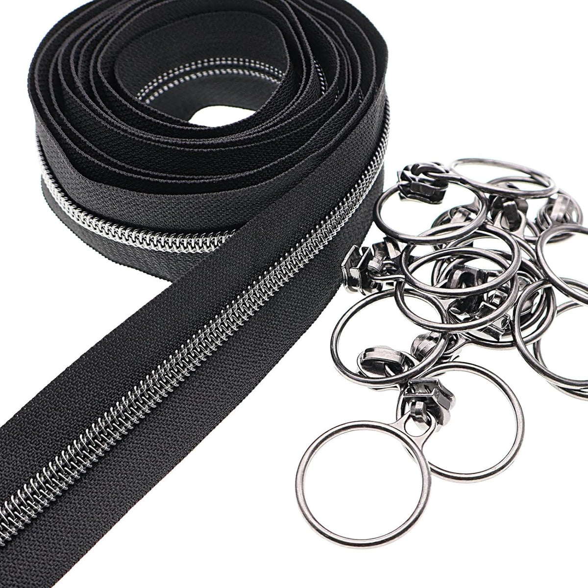 Leekayer #5 Black Nickel Metallic Nylon Coil Teeth Zippers by The Yard Bulk 10 Yards Black Zipper Tape with 25pcs Black Nickel Ring Pull Sliders for DIY Sewing Tailor Craft Bag(Black)