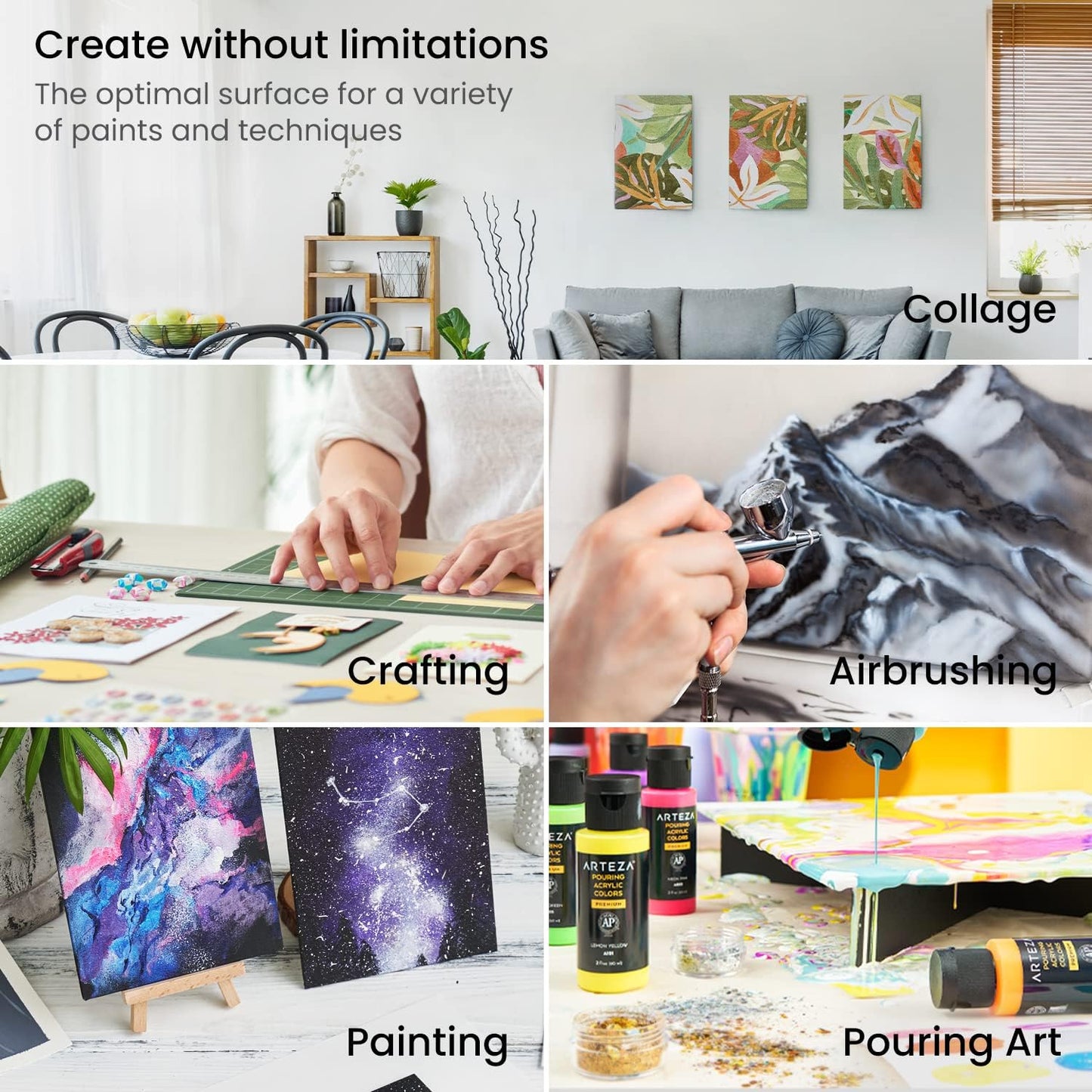 ARTEZA Canvas Boards for Painting, 6 x 6, 8 x 8, 10 x 10, 12 x 12 Inches, Multipack of 28, Blank White Canvas for Acrylic, Oil and Gouache Painting