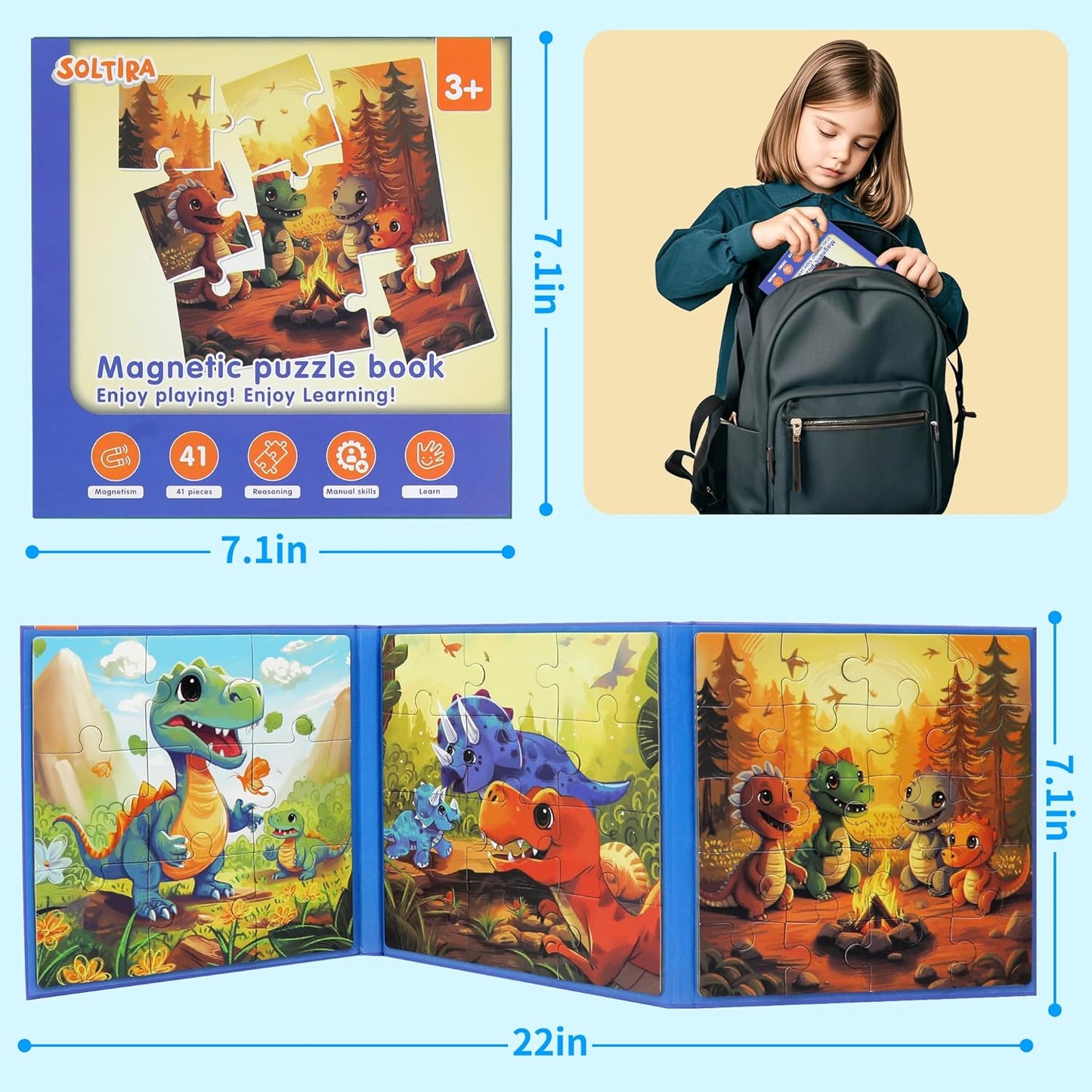 Magnetic Dinosaur Puzzles for Kids Ages 3-5 36PCS-3 Animal Themes Puzzles for Kids 4-6 Travel Puzzle for Airplane/Car/Road Trip/Gift Toys for 3-5 Year Old Girls and Boys