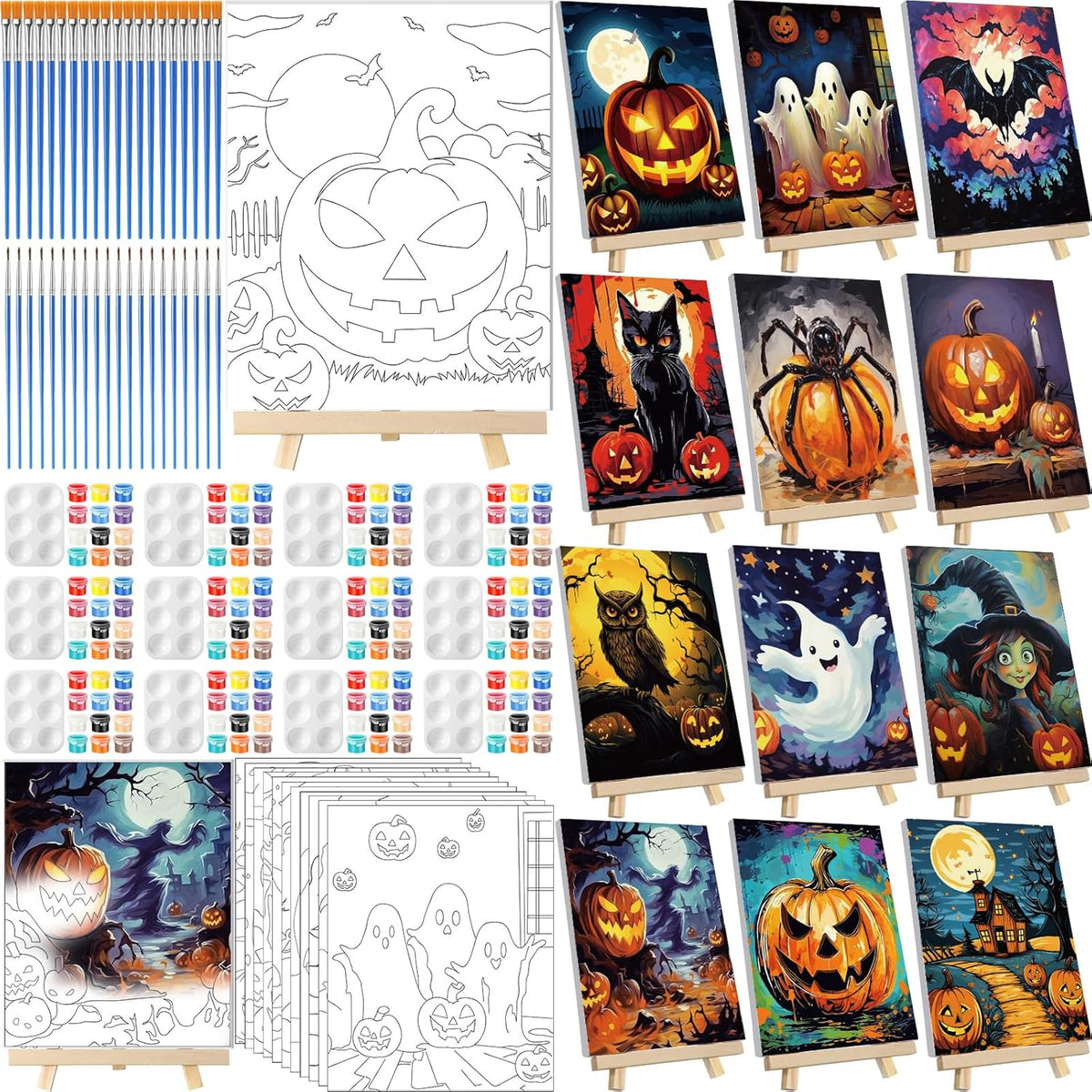 Zhanmai 12 Pack Pre Drawn Canvas for Painting Sip and Paint Kit 8" x 10" Paint Party Set Canvas Painting Pre Printed Canvases for Party Favor DIY Virtual Adult's Date Night(Halloween Pumpkin)