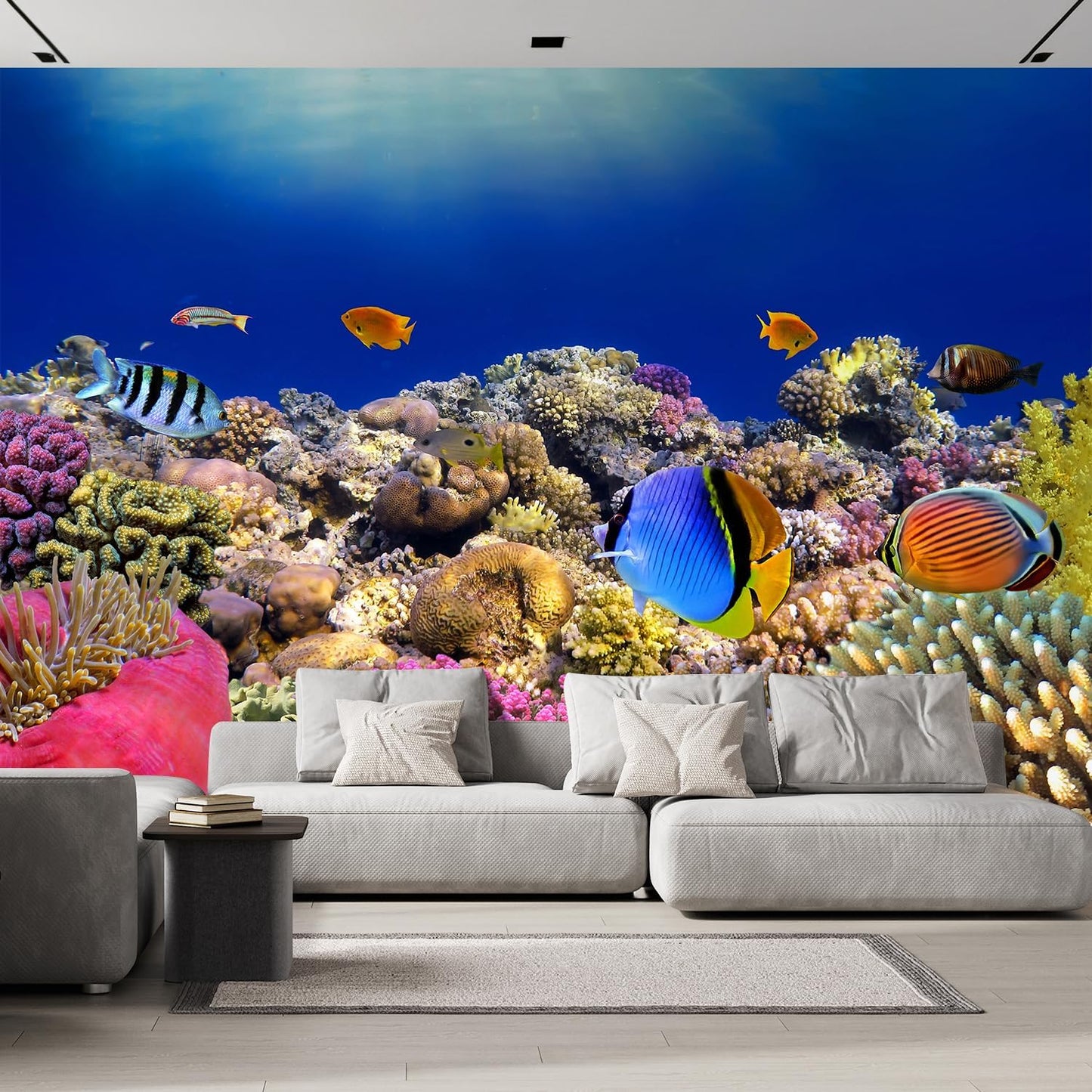wall26 Wall Sticker/Wall Mural Tropical Blue Fish Coral Reef Ocean Seascape Nature Wilderness, Not Peel and Stick, Non-Woven Wallpaper Decorative for Bedroom, Living Room, Office - 96x120 inches