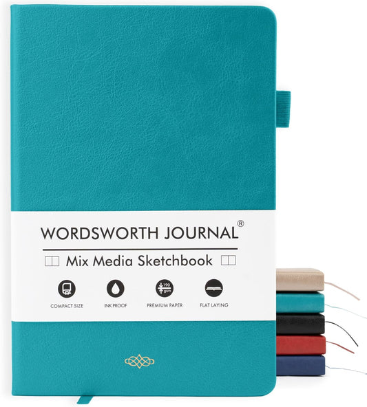 Wordsworth & Black A5 Mixed Media Journal 96 Mix Pages, Hardcover Leather, 190 GSM Paper, Journaling Notebook for Work & Sketching, Journals for Women, Men - Gifts Box Included Turquoise