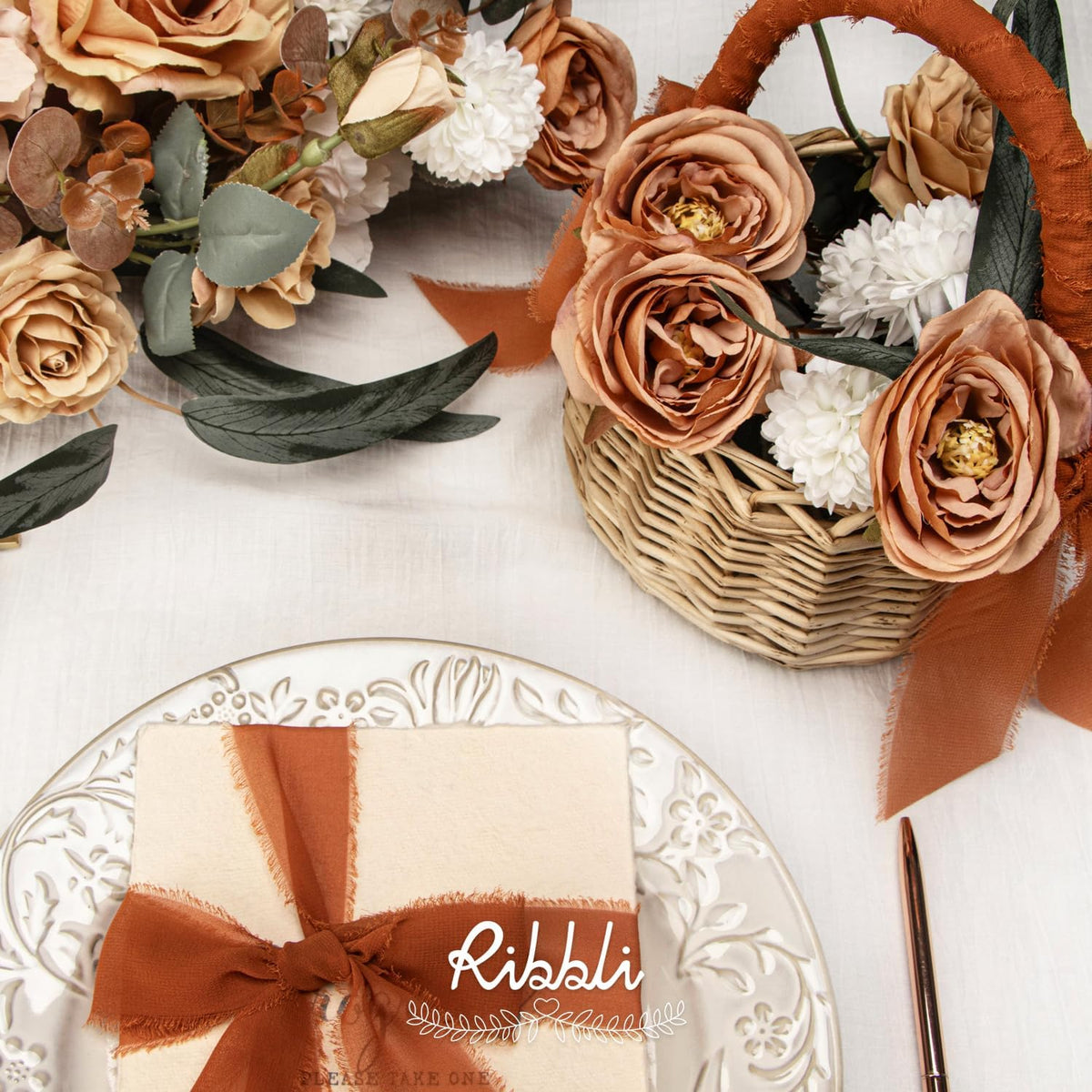 Ribbli Terracotta Chiffon Ribbon 1-1/2 inch x 20 Yard Handmade Fringe Chiffon Silk Ribbon,Black Ribbon for Wedding Invitations, Bridal Bouquets Wrapping, Flower Arrangement Decoration