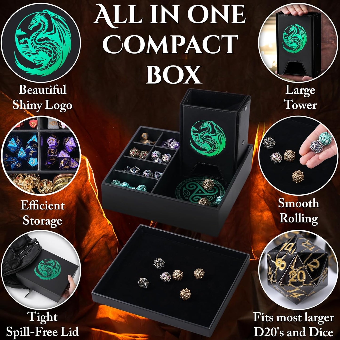 Dice Tray and Dice Tower for DND: All-in-One Tray, Storage & Large Tower for Random Rolls - Stores Your Sets, Mini's etc, Perfect for D&D and RPG Gift Accessories (Green Dragon)