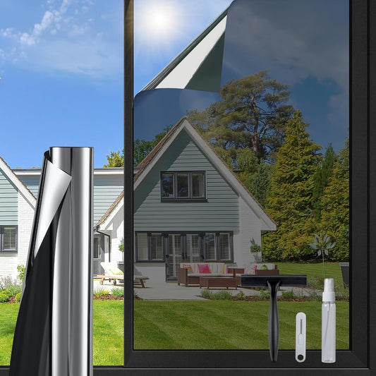 DOWELL One Way Window Privacy Film with 3 Tools Window Tint for Home Sun Blocking Heat Control Anti UV Reflective Mirror Covering See Out Not in for House and Office Black Silver 17.5" X 78.7"