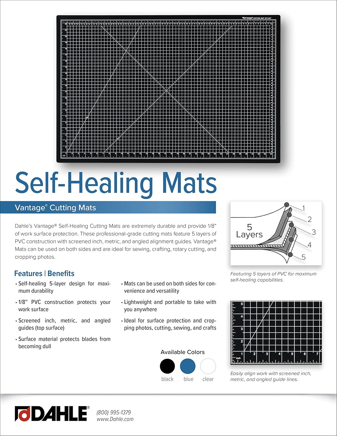 Dahle Vantage 10691 Premium Self-Healing Cutting Mat, 12"x18", 1/2" Grid, 5 Layers for Max Healing, Perfect for Crafts & Sewing, Blue