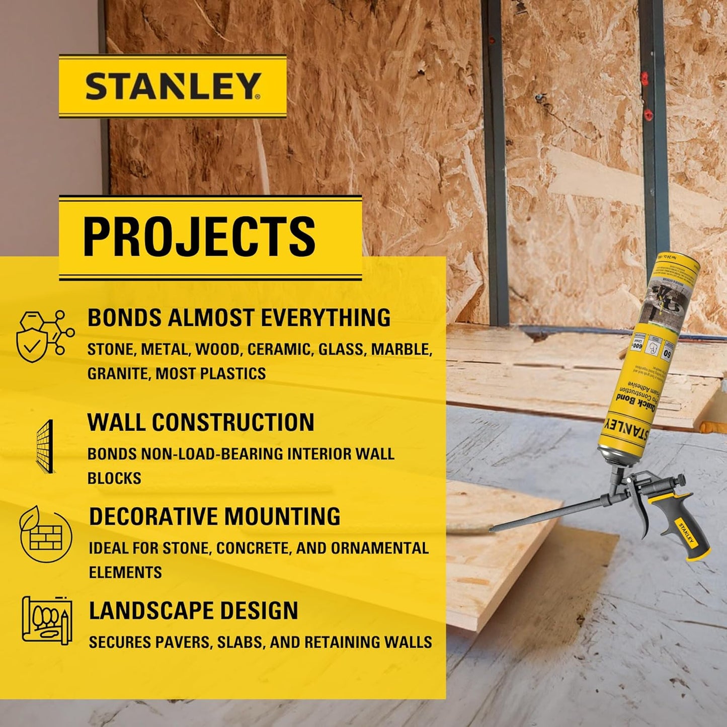 Stanley Quick Bond Adhesive Foam - 2x24oz, Reliable Bond Adhesive for Various Materials, Strong bonding, No Mixing, Gun Use, Including Gun, Cleaner | 2 Pack