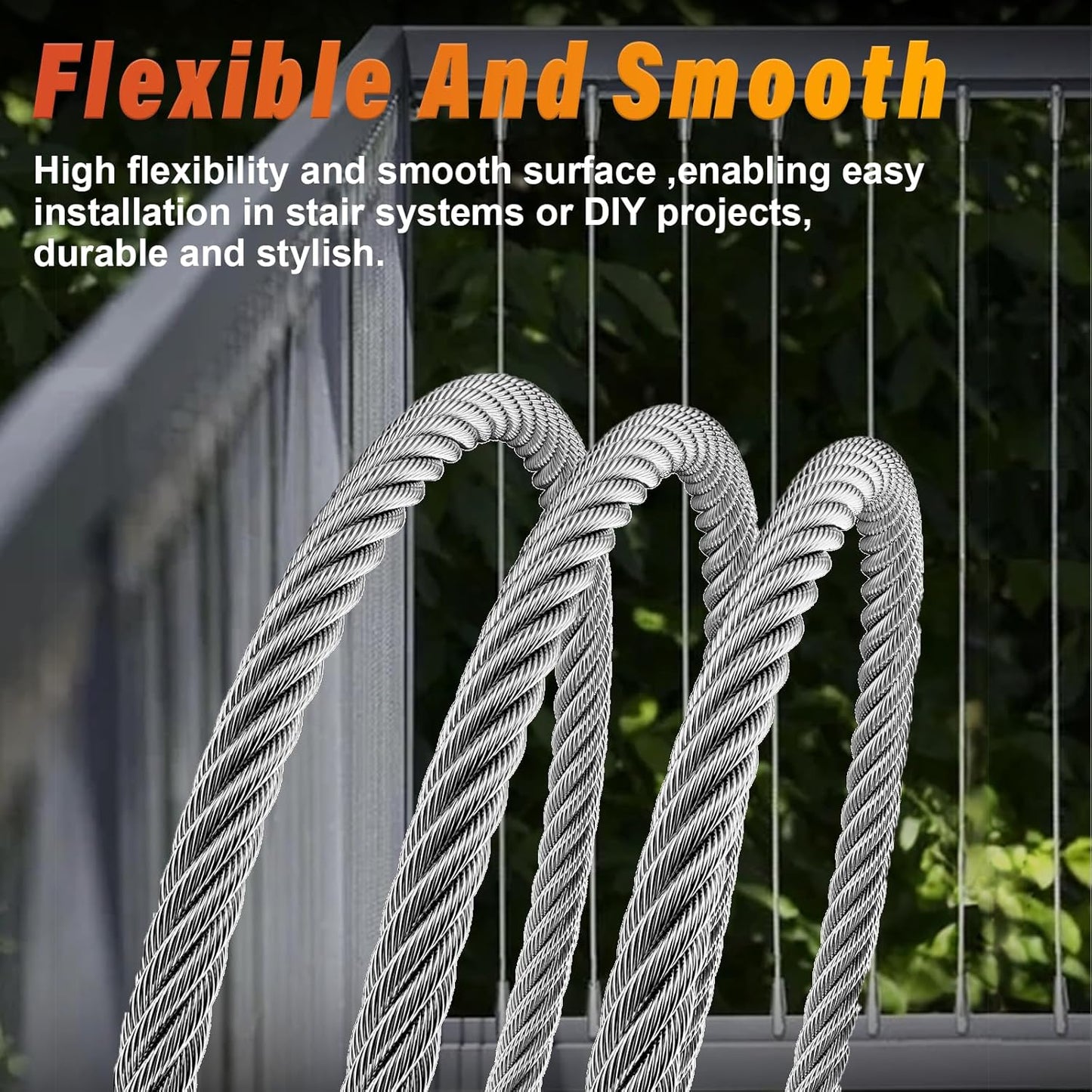 Stainless Steel Cable for Railing - 50FT 1/4" T316 Wire Rope with Clamps and Thimbles - 7 x 19 Strands 6700 LBS Breaking Strength for Outdoor Deck Railing Zipline