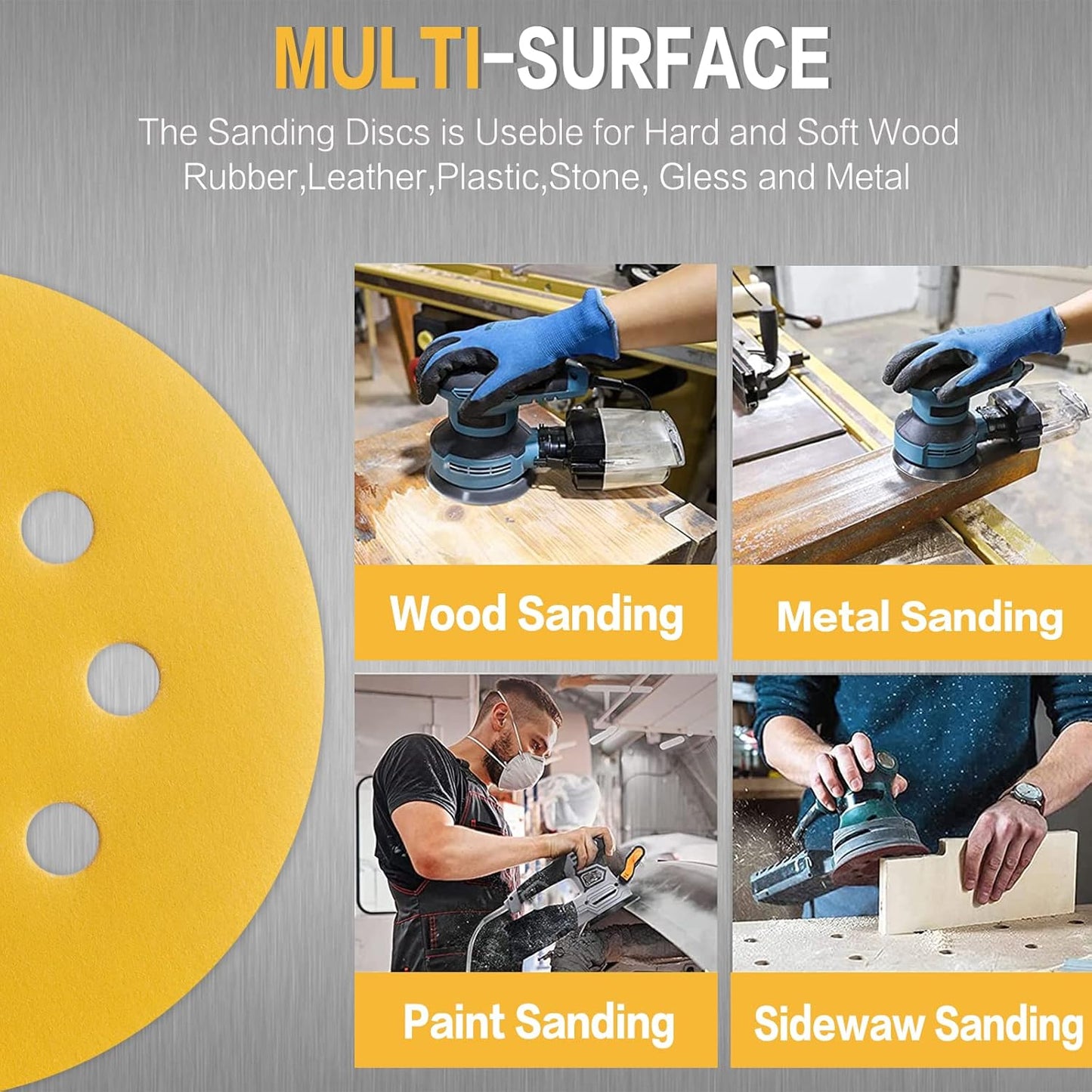100PCS 5 Inch 8 Hole Sanding Discs 400 Grit,Gold Round Hook and Loop Sandpaper for Random Orbital Sander