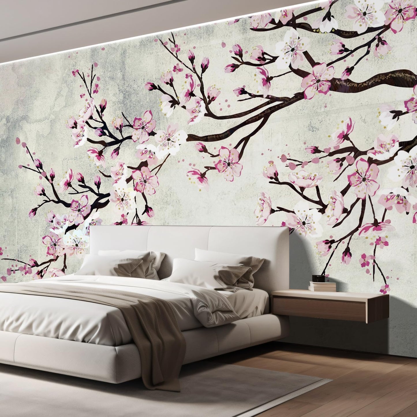 wall26 - Large Wall Mural - Watercolor Style Ink Painting Pink Cherry Blossom on Vintage Wall Background | Self-Adhesive Vinyl Wallpaper/Removable Modern Wall Decor - 100x144 inches