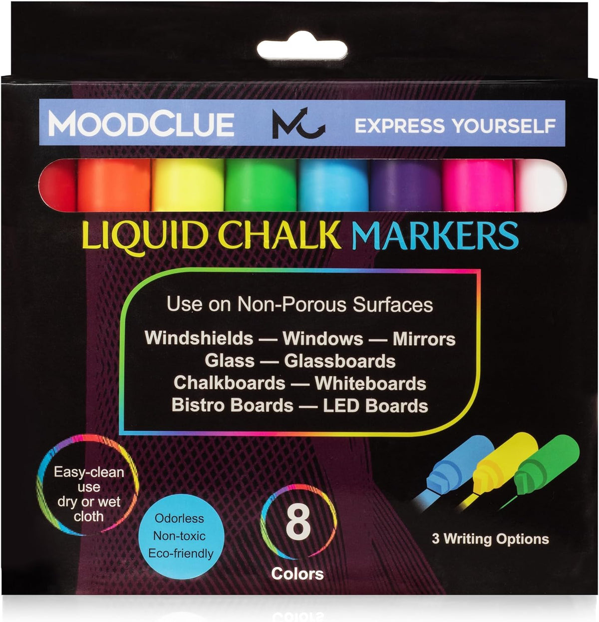 Liquid Chalk Drawing Markers for Car Windows, Auto Windshields, Mirrors, White Boards, Retail + Restaurant Signs. Erasable Chalk Markers – Washable – Bold - Neon 8pck. 10mm tip - 3 writing options.